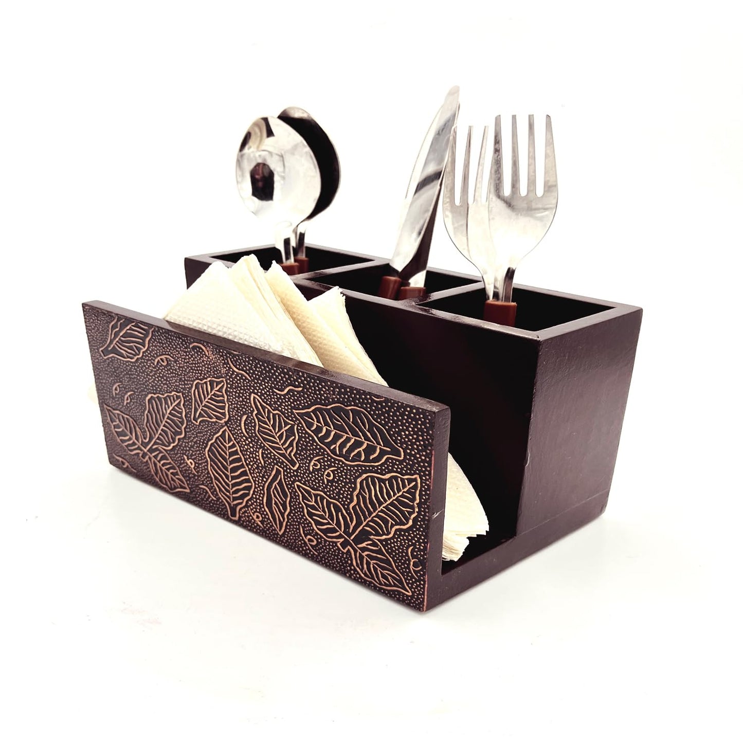 ZYNTIX Wooden Napkin Stand with Cutlery Holder | Cutlery Stand | Napkin Stand with Spoons for Kitchen | Tissue Paper with Offices Stationary Holder | Spoon Stand for Dining table (Brown)