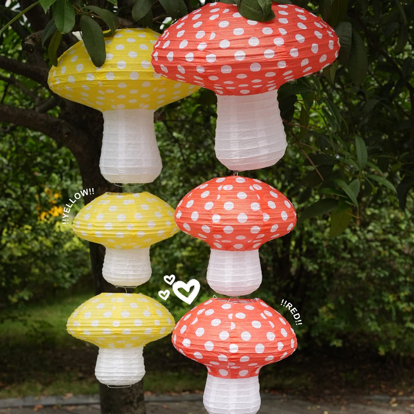 6Pack Mushroom Paper Lanterns, Cynzia Large Paper Lanterns Wonderland Forest Jungle Theme Hanging Ornament, 3D Mushroom Decor Foldable Paper Lantern for Garden, Christmas, Party, Nursery