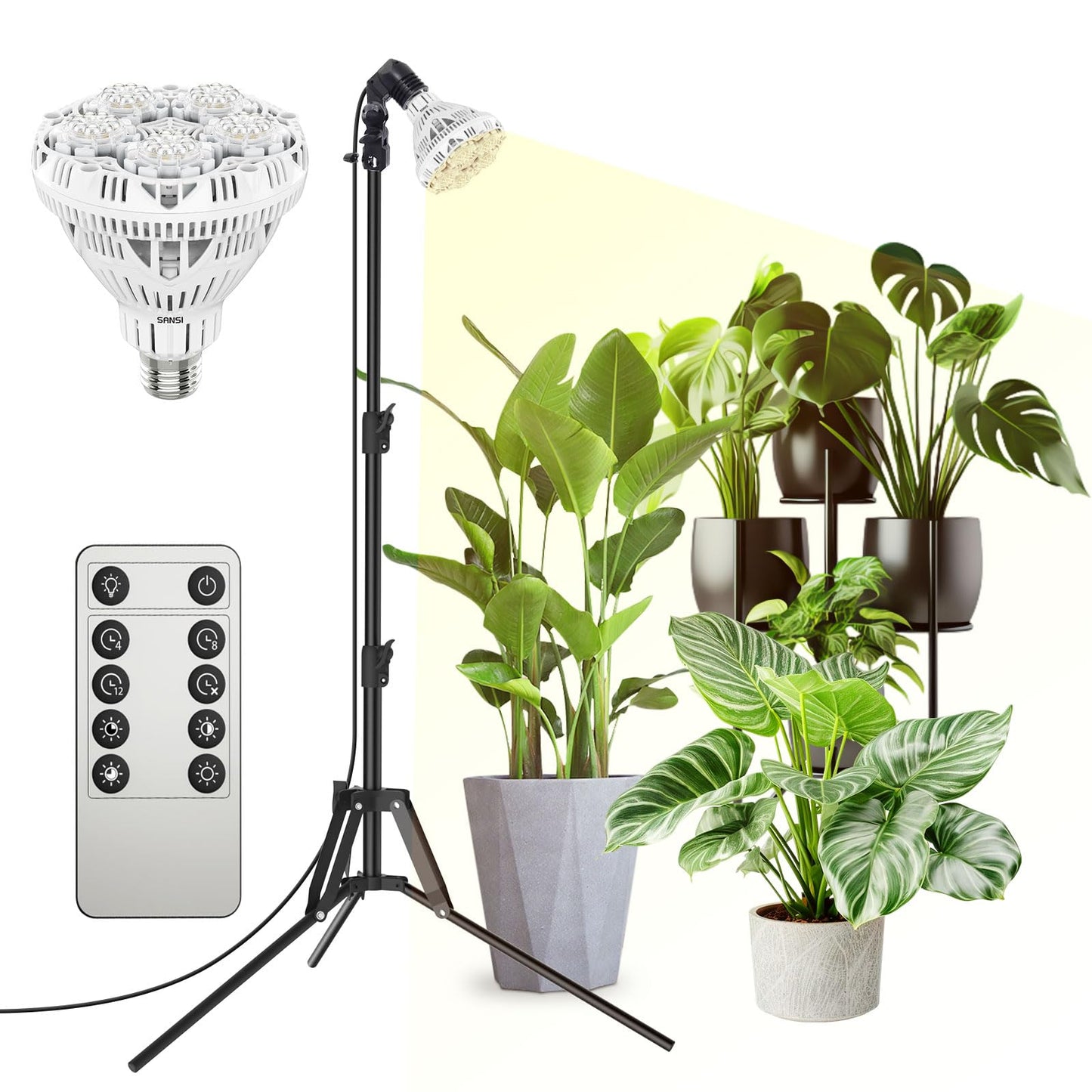 SANSI Grow Lights for Indoor Plants, 4 Dimmable Levels 30W Full Spectrum Plant Lights for Indoor Growing, Tripod Stand Adjustable 30"-55" Plant Grow Light with Remote Control Auto Timer