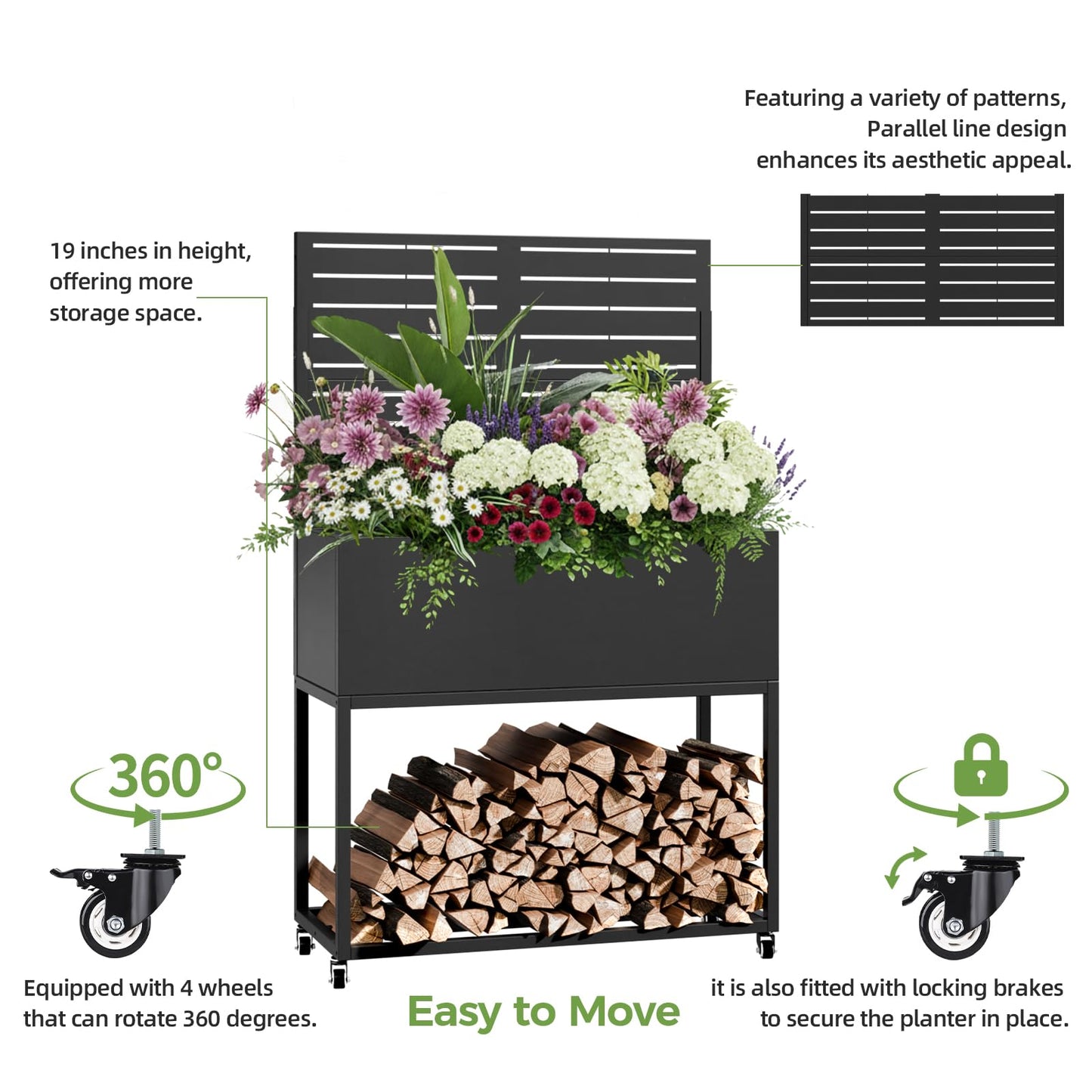 Metal Planter Box with Trellis, 3 in 1 Raised Garden Bed with Trelli & Firewood Rack, Privacy Planter Screen for Climbing Plants, Vine, Outdoor Garden Standing Beds with Drainage Holes, Wheels,Black