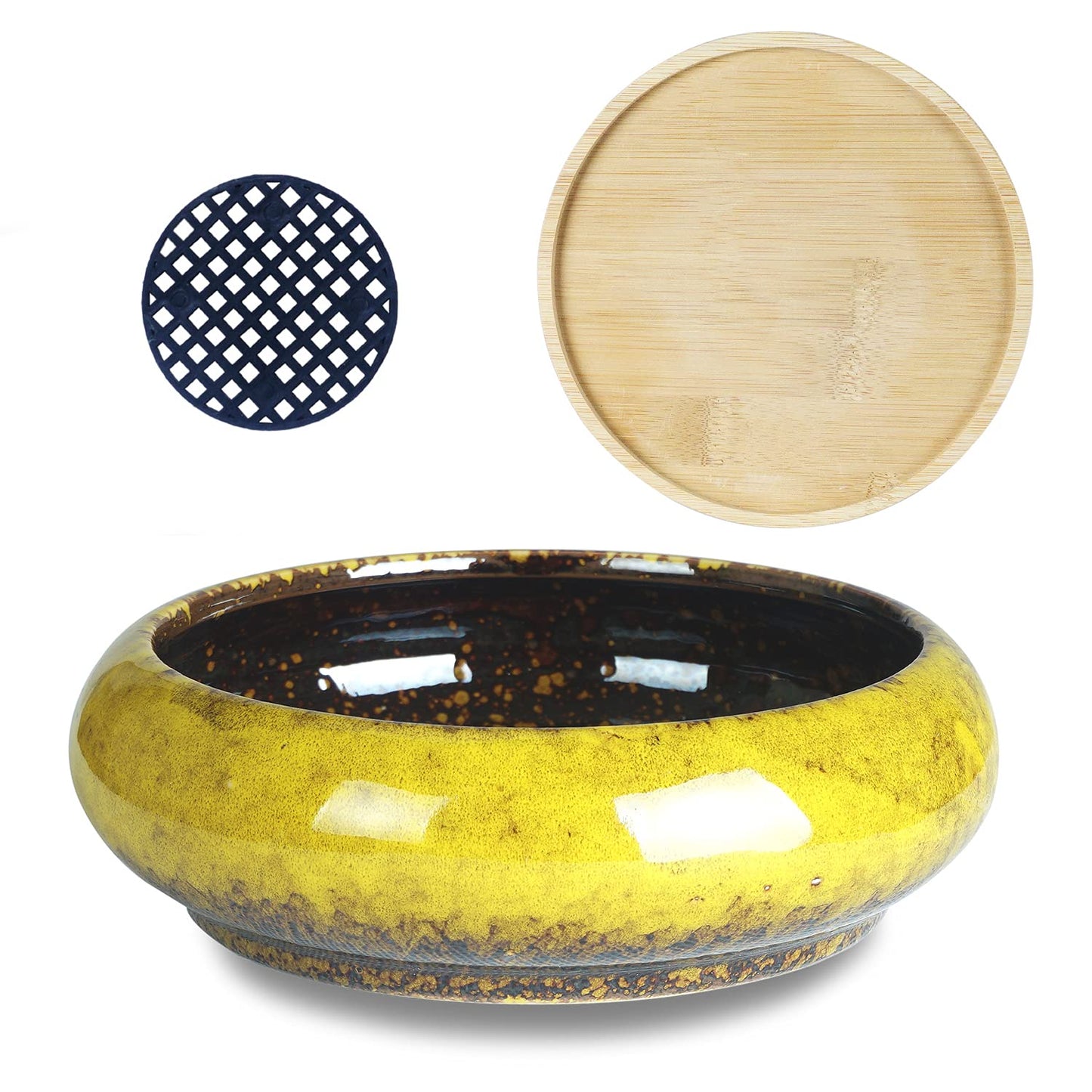 ARTKETTY Succulent Pots - 7.3 Inch Large Succulent Planters with Drainage Ceramic Bonsai Pots with Bamboo Tray, Shallow Planters for Indoor Cactus Plants Decorative Flower Plant Container