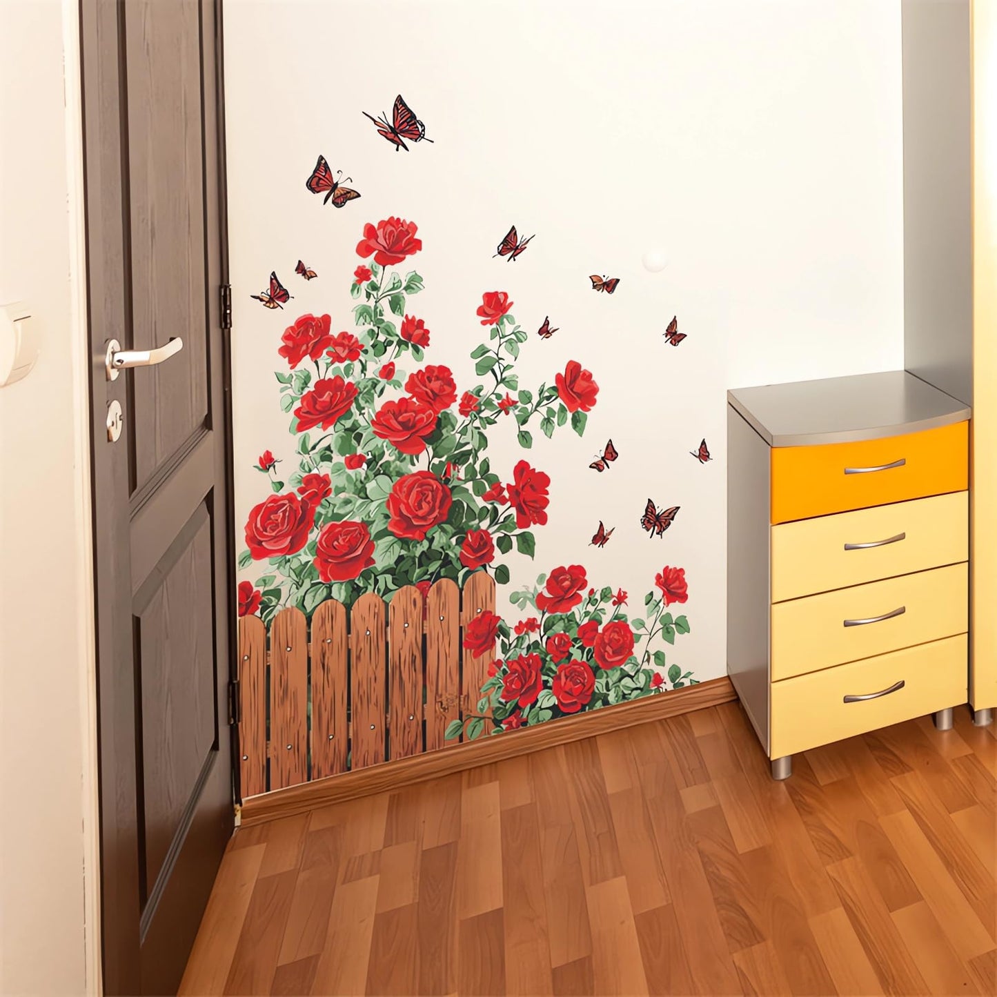 sacinora Red Rose Fence Butterfly Wall Stickers, Romantic Floral Border Aesthetic Countryside Wall Decals Removable Vinyl Peel and Stick Hallway Bedroom Bathroom Art Home Decor