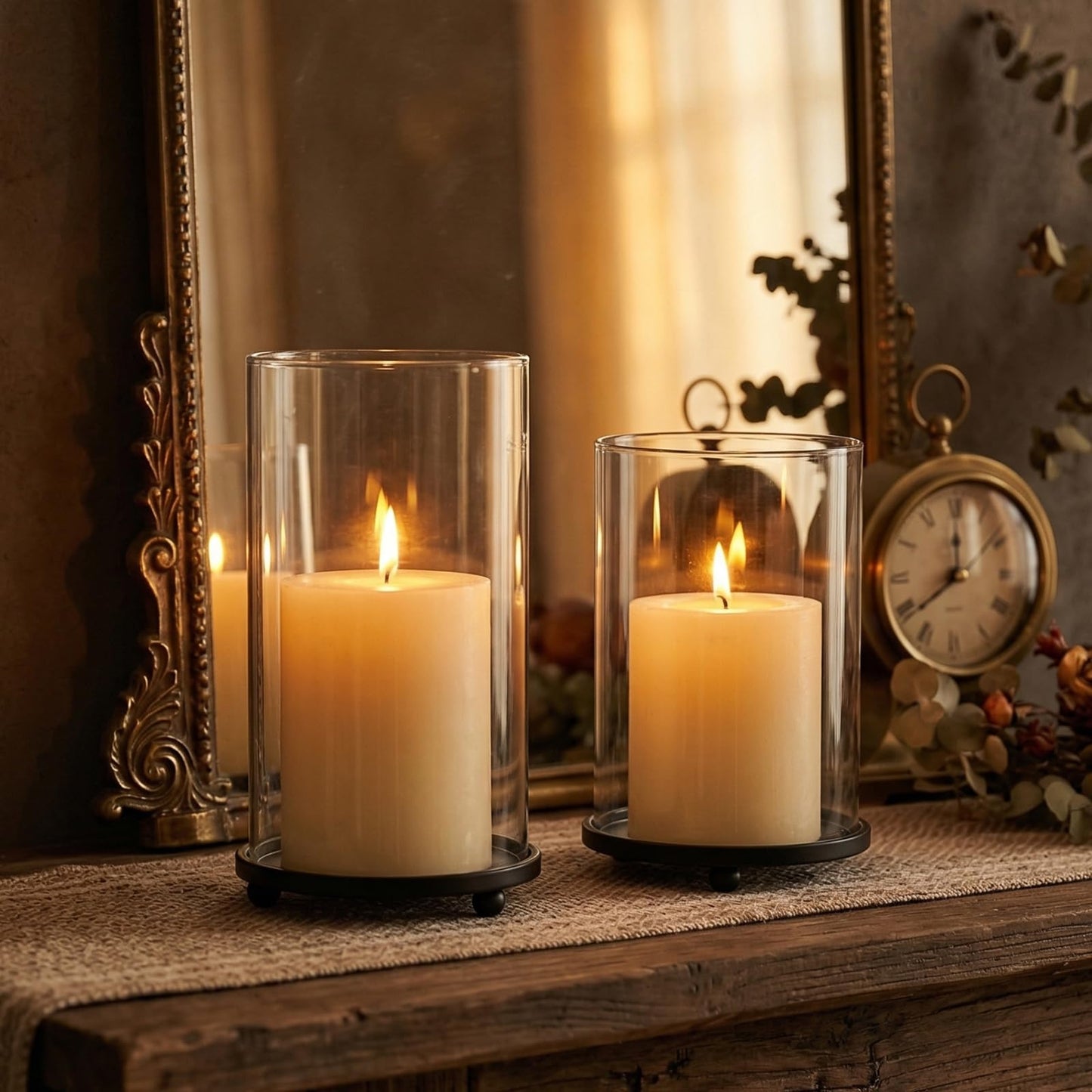 Hurricane Candle Holders Set of 2 - Pillar Candle Stands with Glass Sleeves for Fireplace Mantel & Dining Table Centerpiece Decor (Black)