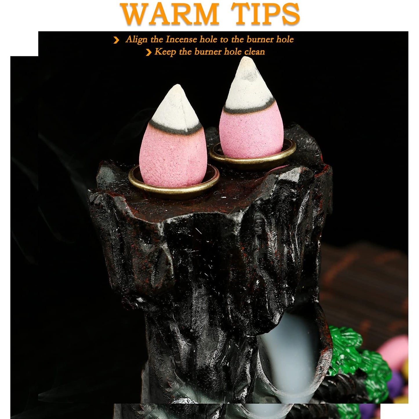 Jueison Dual Sided Mountain Backflow Incense Burner Resin Waterfall Incense Holders Cone Stick Holder with 120 Incense Cones + 30 Incense Sticks + 1 Mat + 1 Tweezers for Home Office Decor Gift