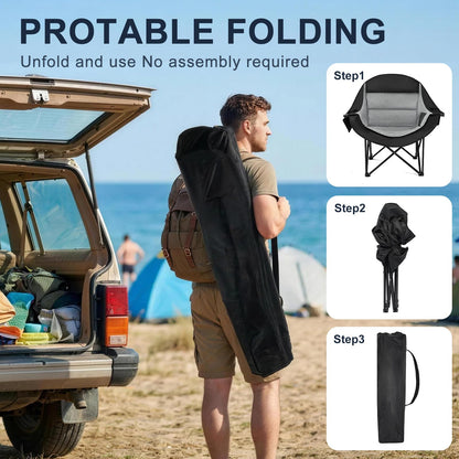 Oversized Camping Chairs for Adult - Heavy Duty Padded Portable Folding Chair XL Collapsible Camp Chair with Cup Holder Side Pocket for Outdoor Lawn Beach Sport Fishing Support 500LBS, Grey