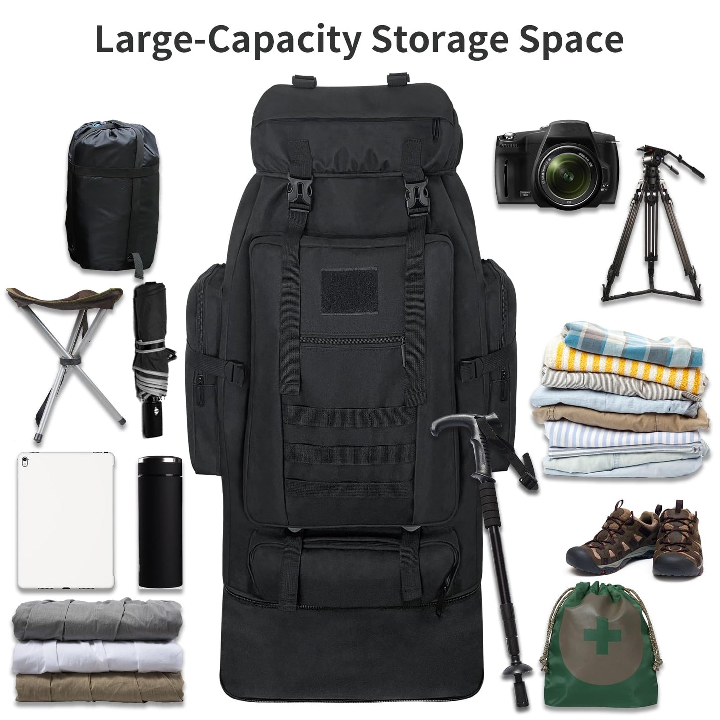 Ogetok 100L Hiking Backpack Camping Rucksack, 100 liters Large Capacity Outdoor Knapsack Travel Climbing Mountaineering Carry On Backpack Bag, Trekking Backpacking for Men Women, Black