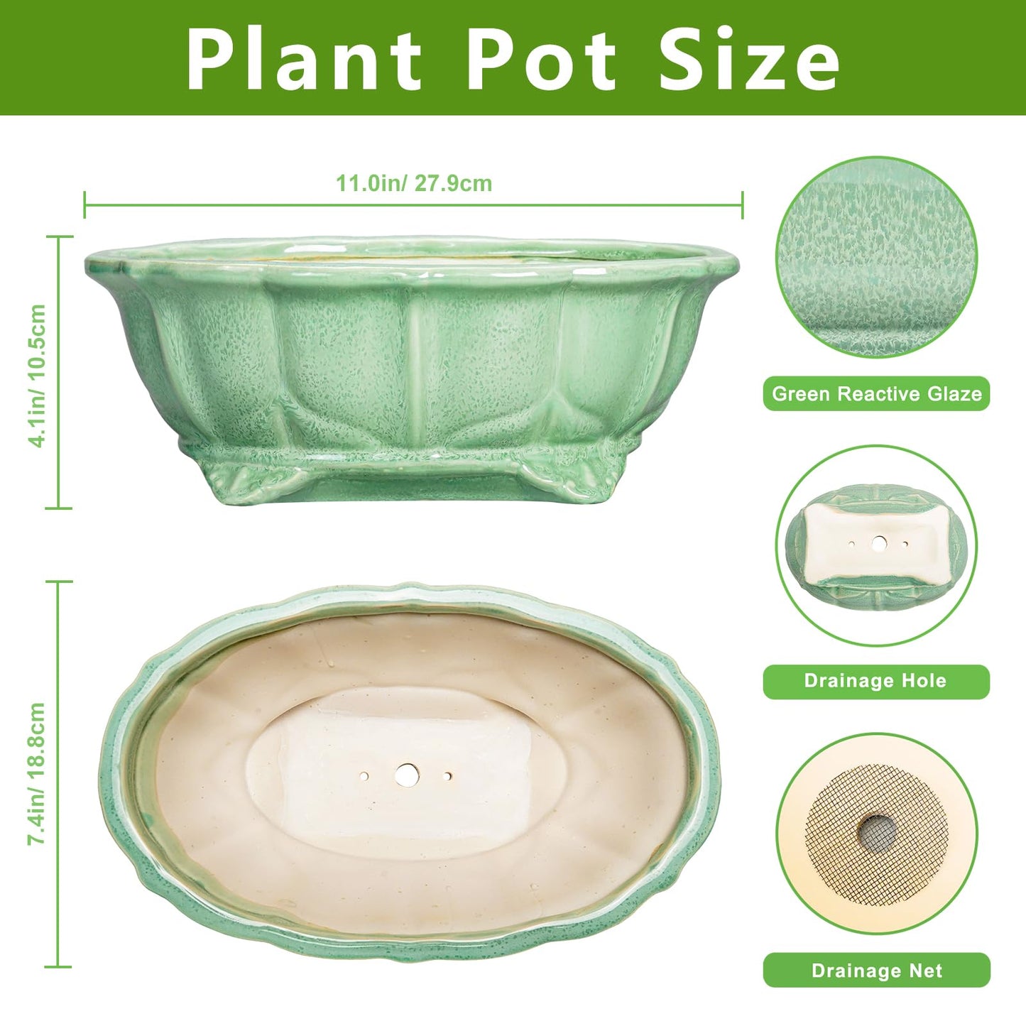 Teagas Bonsai Pots 11 Inch - Ceramic Succulent Pots with Drainage Hole, Oval Planter for Indoor Outdoor, Decorative Ceramic Flower Pot, Home Garden Room Decor, Plant Lover Gifts, Green