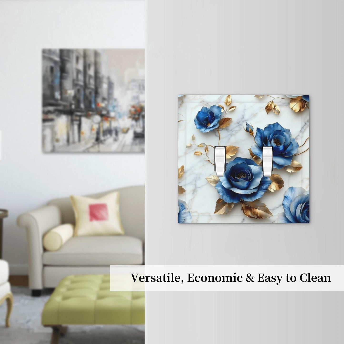 Decorative Art Light Switch Covers Gilded Blue Roses 2 Gang Double Toggle Wall Plate Decorative Switchcover Electrical Switchplate for Home Decor