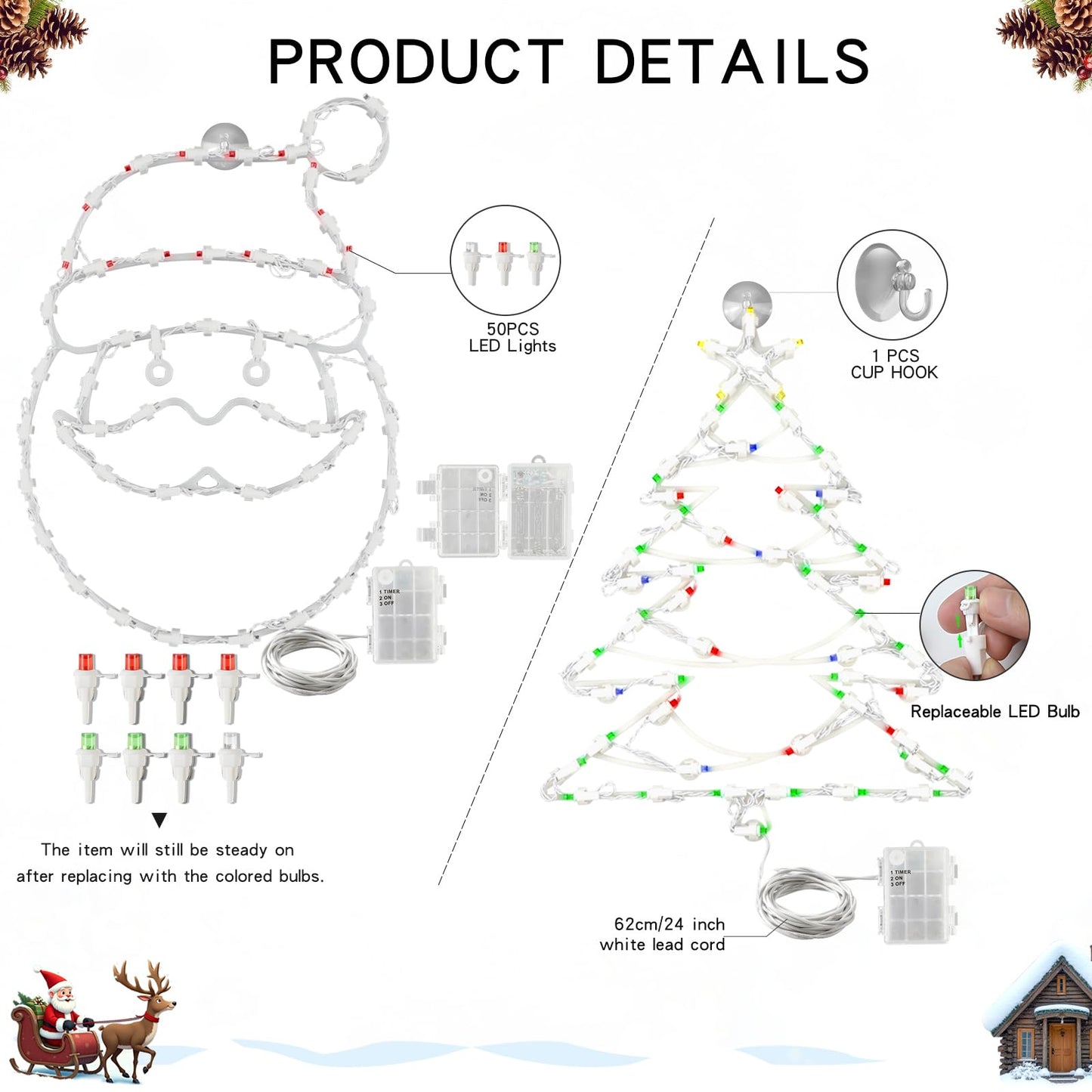 16" Christmas Window Silhouette LED Lights Decorations with Battery Powered, Pack of 2 Sign Lighted Santa Claus head and Christmas tree Christmas Window Lights with for Indoor Wall Door Glass Decor
