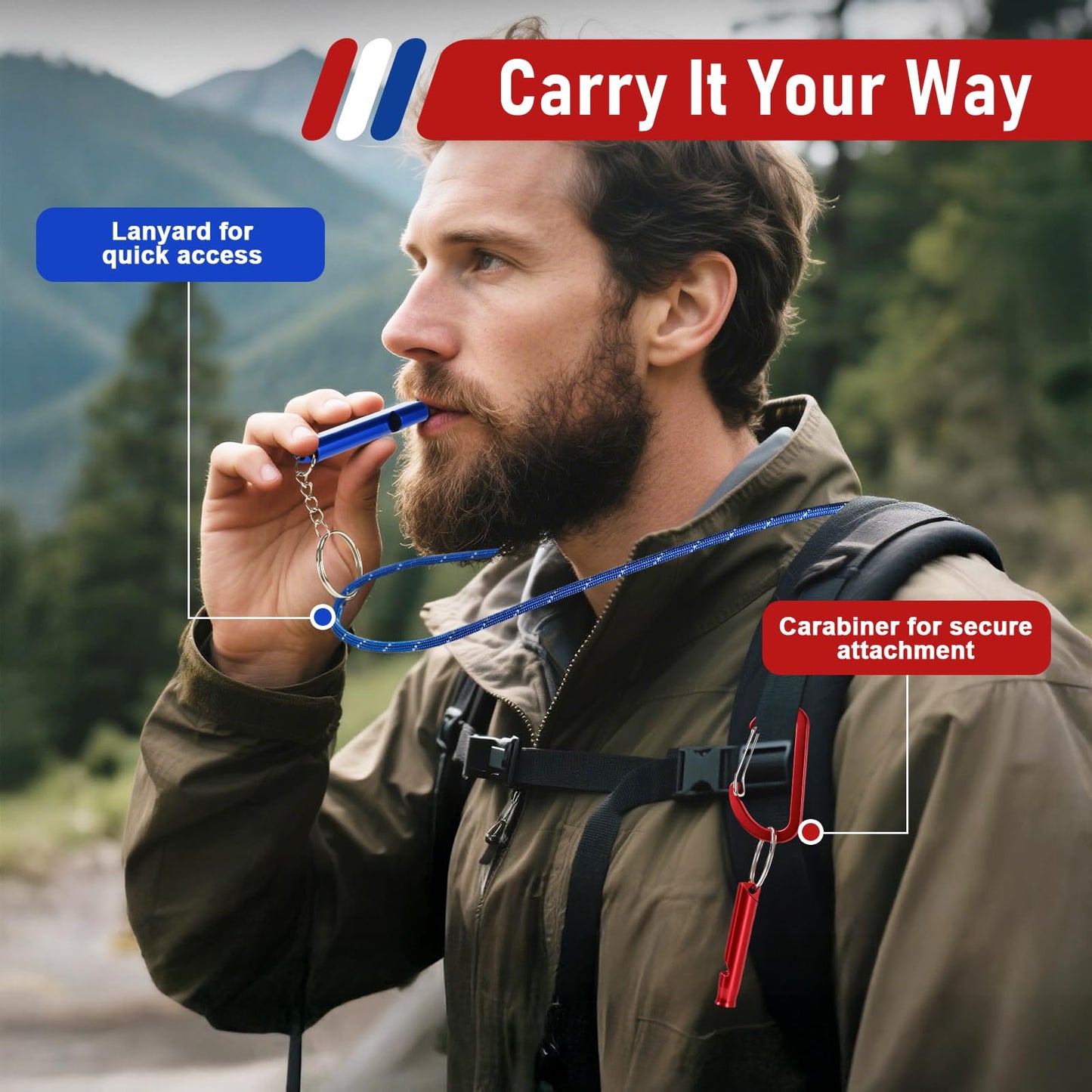 Owldacious Emergency Whistle Set, 120dB Loud Safety Whistles - 6 Pack Dual Size Aluminum Whistles, 3 Paracord Lanyards, 3 Carabiners for Personal Safety, Camping, Hiking, Survival, Marine Rescue
