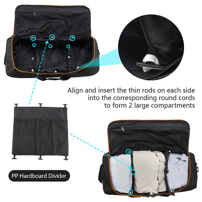 Vrtisa 110L Expandable to 140L 32” Foldable Oxford Soft-Sided Rolling Duffle Bag with 2 Heavy-Duty Wheels,2 Large Compartments,Adjustable Shoulder Strap and Attached Organizer Pouch,Black Orange