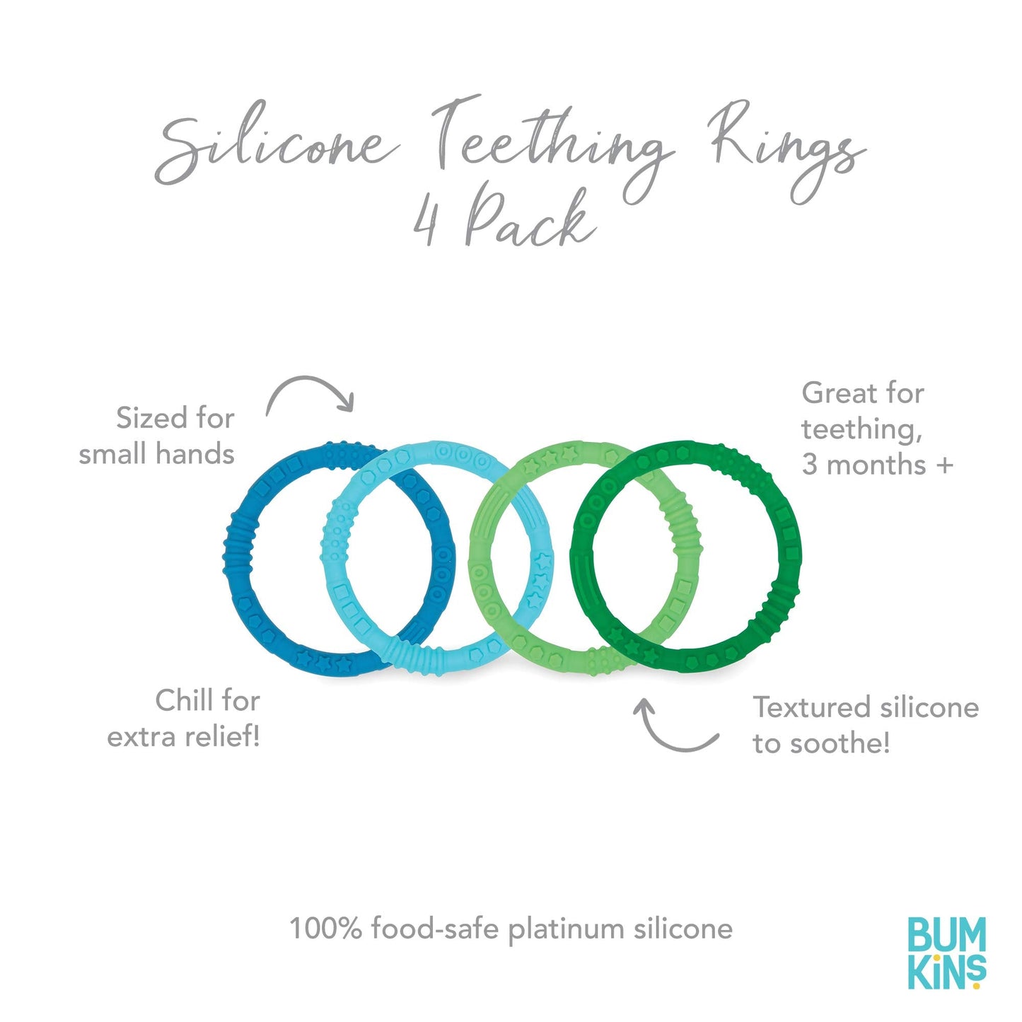 Bumkins Baby Teething Freezer Toy Keys Rings, Soft Flexible Pacifier to Chew, Cool Teether Gum Relief, Babies 3 Months, Freezable, Platinum Cured Silicone, Sensory Bracelet, 4-pk Blue and Green
