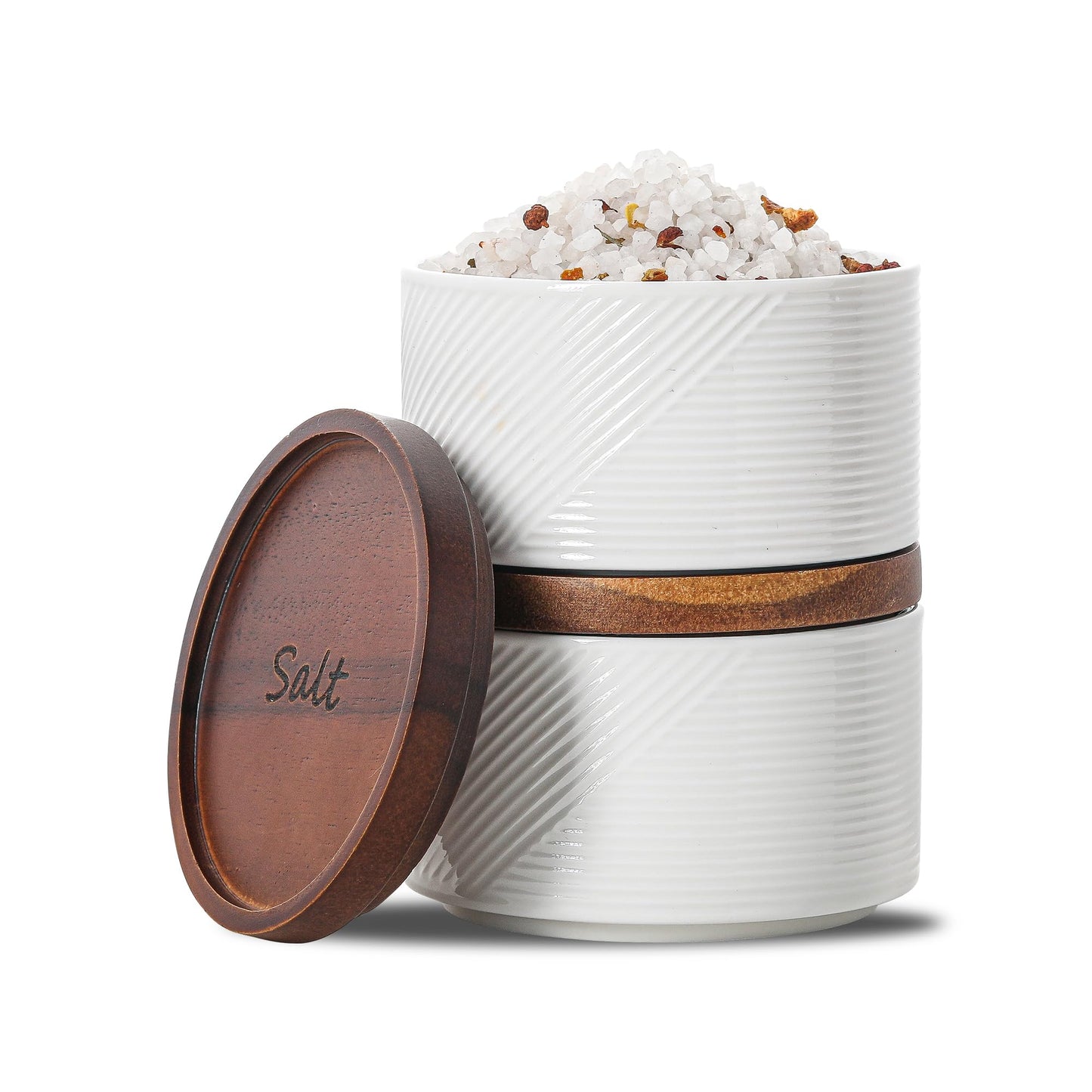 Adewnest Salt and Pepper Bowls: 10 oz Ceramic Stackable Spice Cellar with Wooden Lid - Stacked Seasoning Storage Containers for Countertop Stovetop - Striped, White