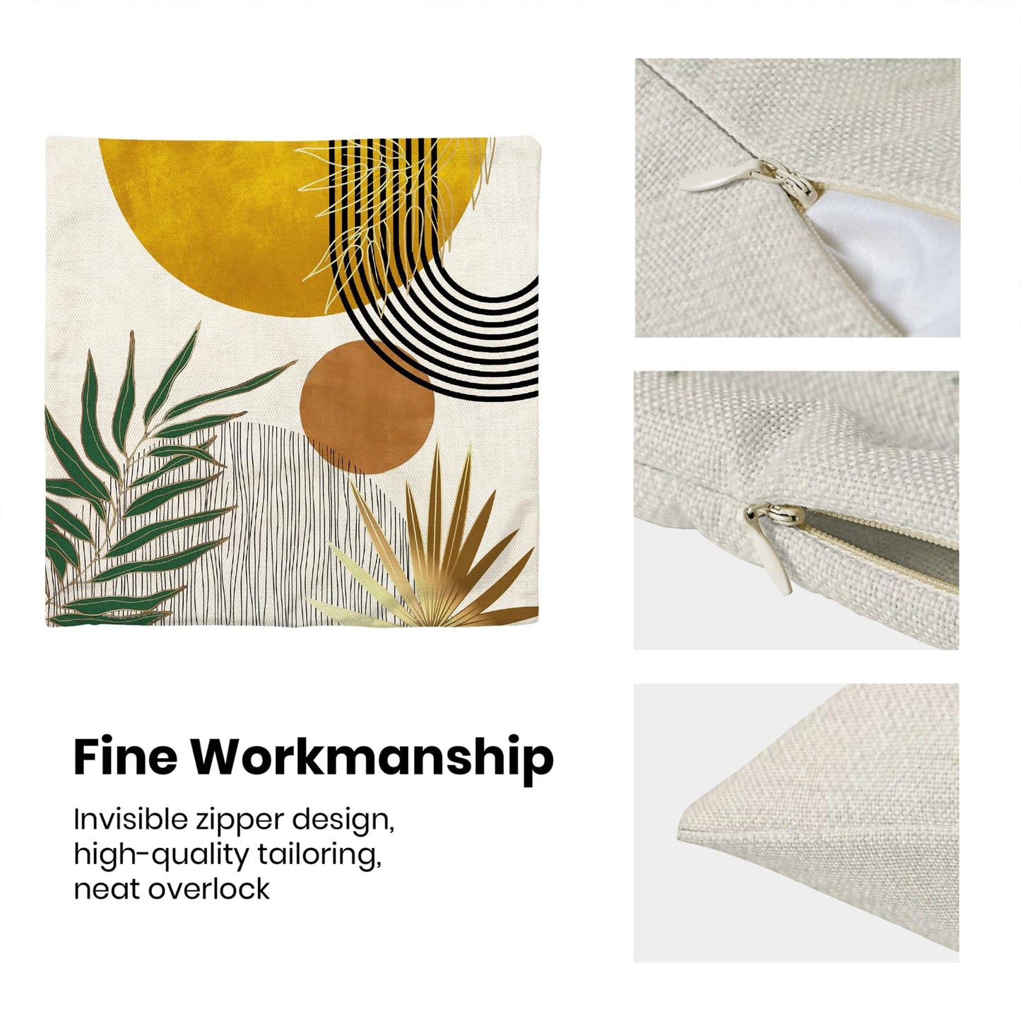 Boho Pillow Covers 18x18 Inch 2 Pcs,Mustard Yellow Green Tropical Leaf Summer Outdoor Decorative Throw Pillows,Mid Century Abstract Farmhouse Decor Pillowcase Linen Cushion Cover for Couch Sofa