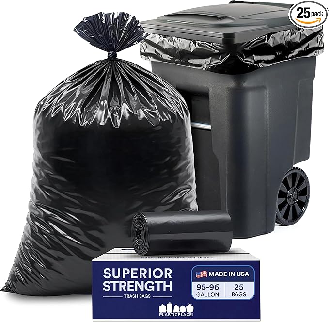 Plasticplace 95-96 Gallon Garbage Can Liners Heavy Duty 1.5 Mil Black Trash