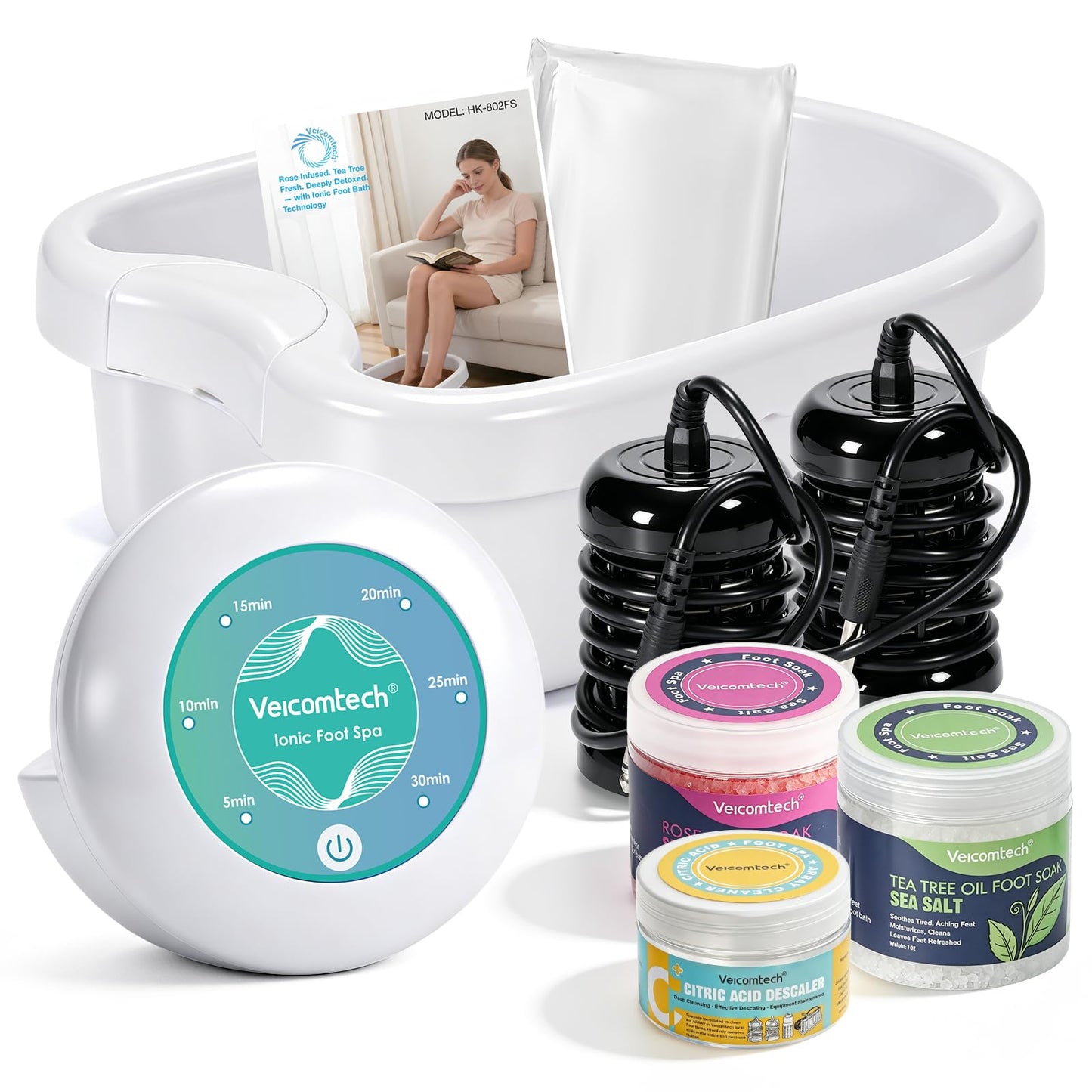 veicomtech Ionic Foot Bath Detox Machine, Detox Foot Bath with Sea Salt and Citric Acid Descaler, Ionic Foot Spa with 2 Arrays and 10 Tub Liners, Foot Detox Machine for Home Use & Salon