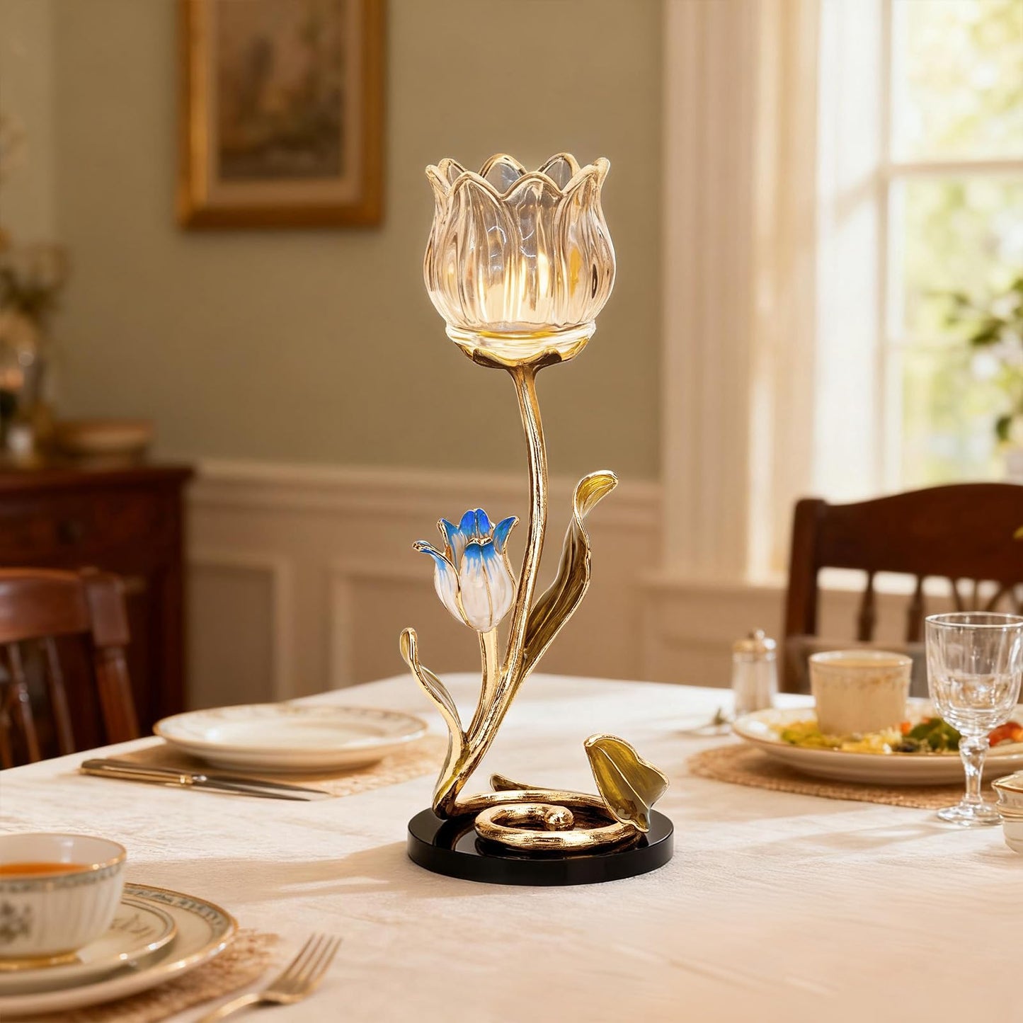 Luxury Crystal Glass Flower Candle Holder – Romantic French-Style Aromatherapy Tea Light Stand, Gold Floral Table Centerpiece for Weddings, Home Decor, Romantic Ambiance