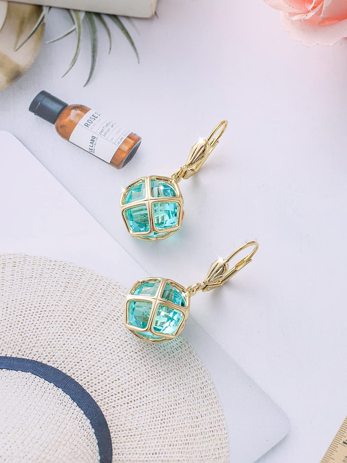 Qinpan 14MM Crystal Pendant Dangle Necklace Earrings Sets for Women Glod Plated Costume Jewelry, 38*17.8mm, Yellow Gold, Sapphire
