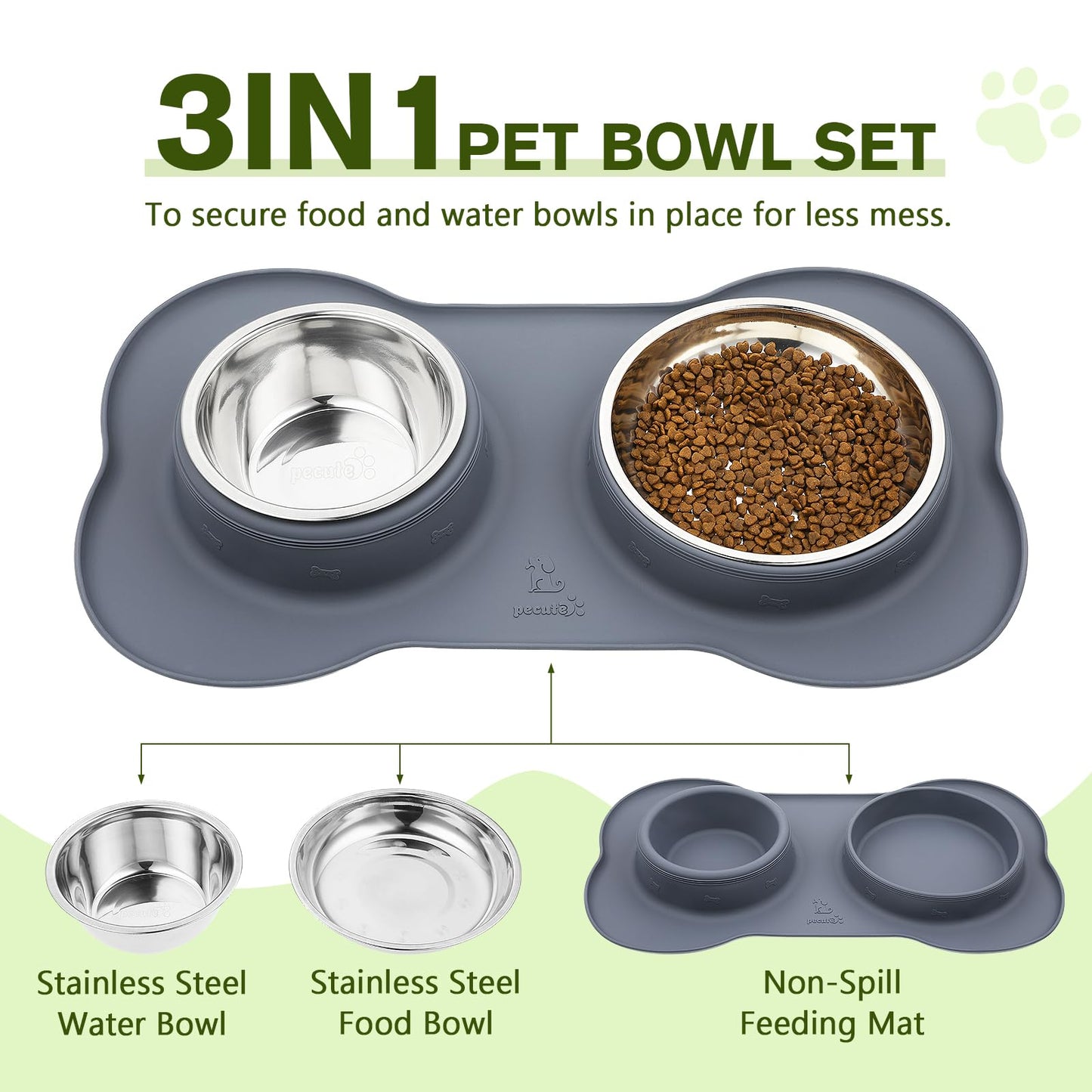 Pecute Dog Bowls Non Slip, Stainless Steel Double Bowls Set with Non-Spill Silicone Mats Tray for Cats Puppies Small Dogs Water Food Feeding (14oz Each Bowl, Grey)