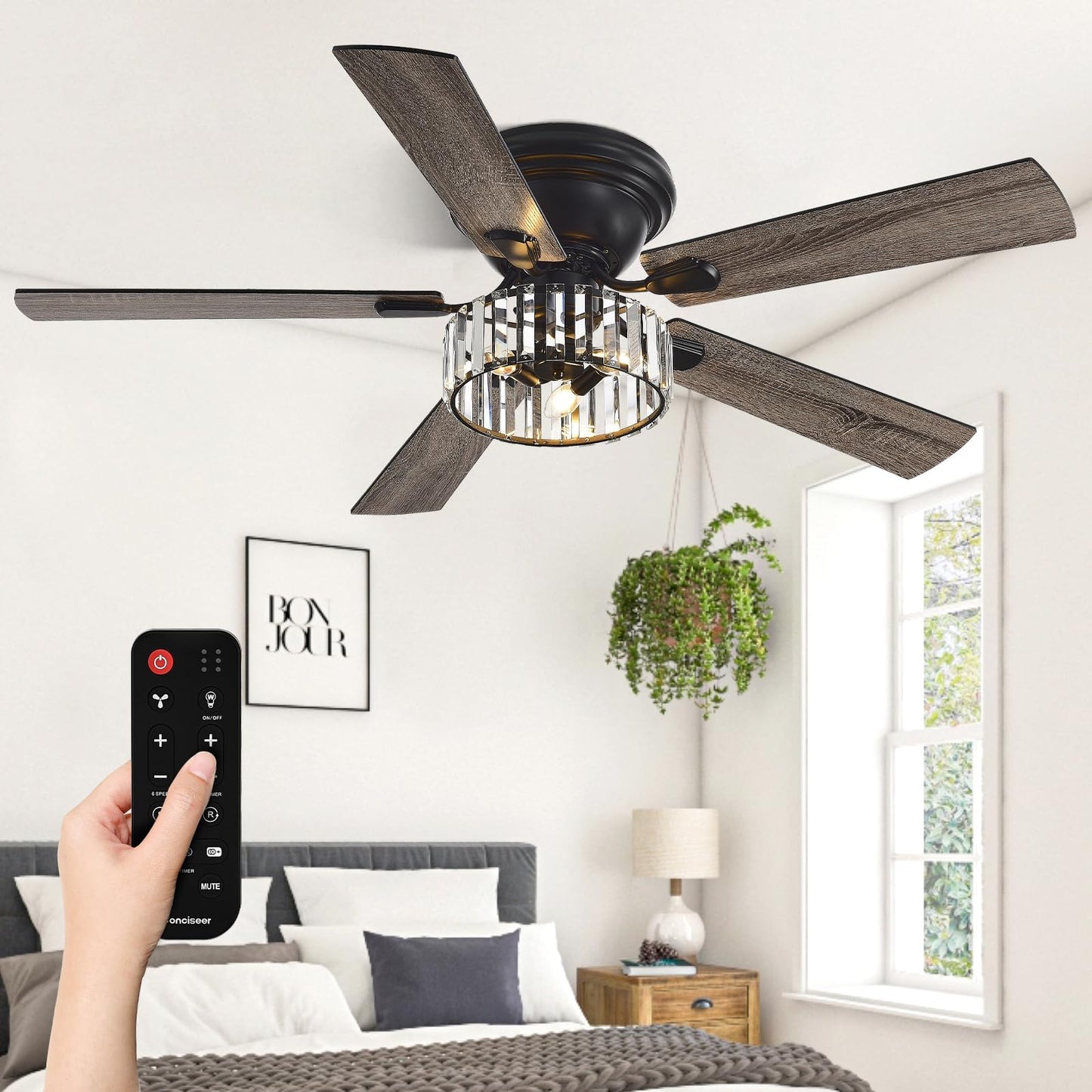 Chandelier Crystal Ceiling Fans with Lights, 52 Inch Chandelier with Light and Remote for Bedroom Living Room Kitchen Office, 3CCT, 5 Blades 6 Speed Reversible Dimmable Quiet DC Motor Burlywood