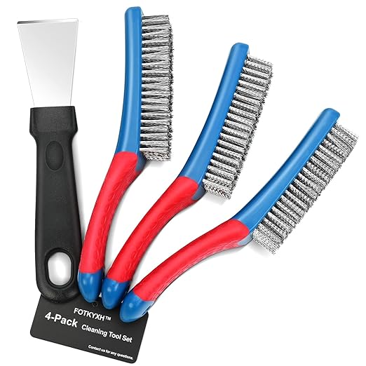 4-Pack Heavy Duty Wire Brush and Scraper Set, 3 Stainless Steel Scratch Brushes