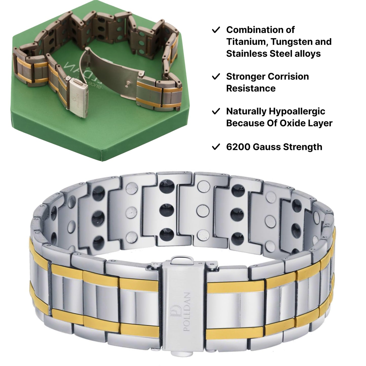 POLLDAN® Mens Magnetic Bracelet with 6200 Gauss Power | 3X Strength Mens Bracelet | Titanium Bracelets for Men with Fold-Over Clasp, Adjustable Length, Gift Box | Mens Wrist Jewelry (Silver&Gold)
