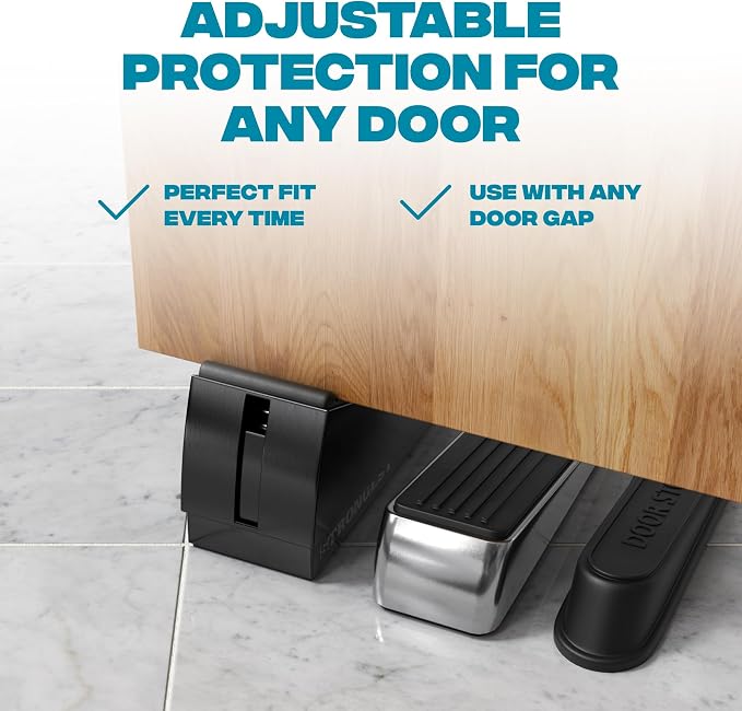 STRONGEST HOME Stoppers for Bottom of Door – Heavy Duty Metal Rubber Door Stopper, Non-Slip Door Stop for Heavy Doors, Works on Wood, Tile & Carpet Floors, Folding Black 4 PC + 4 White Wall Protectors