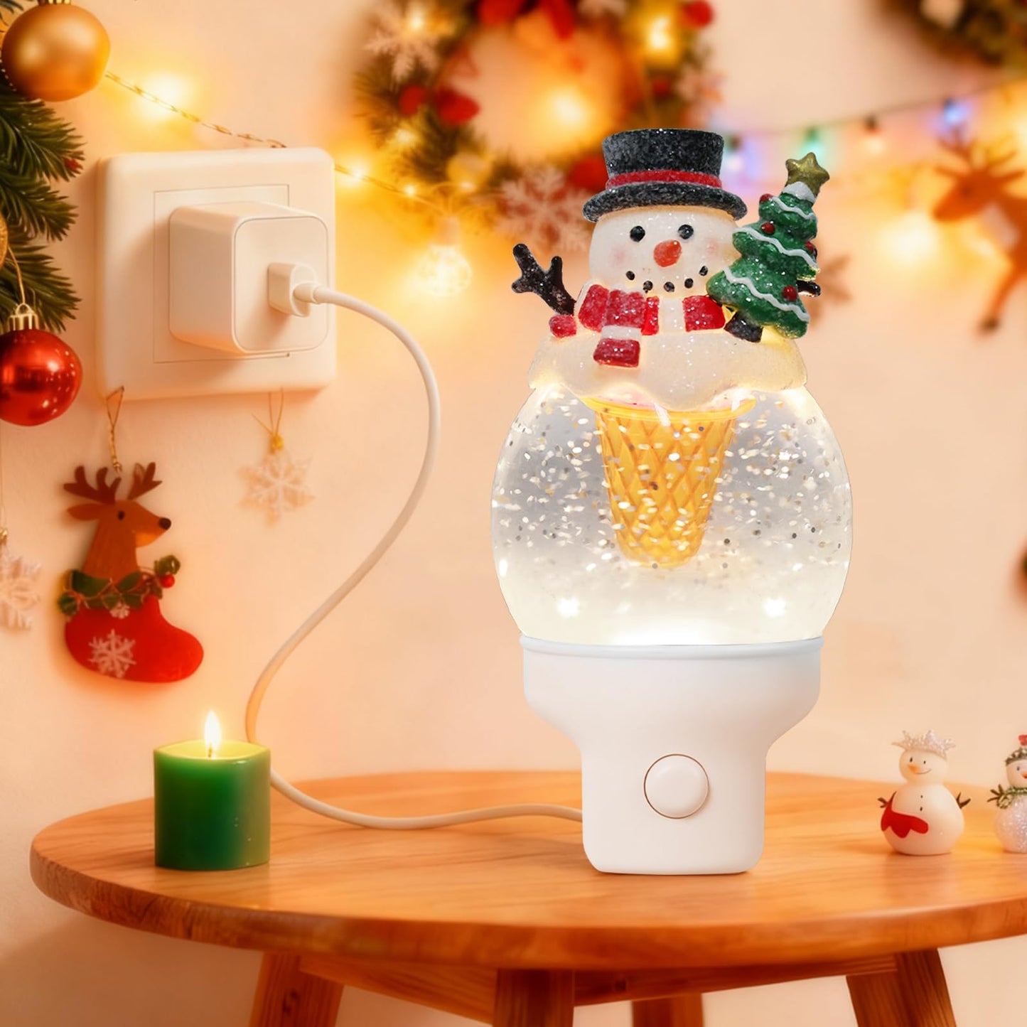 Yuxelulmai Christmas Snowman Night Light Plug into Wall Swirling Glitter USB Portable Christmas Decorative Night Light Decoration for Bedroom Kitchen Living Room Holiday Decor (Snowman Cookie Cone)