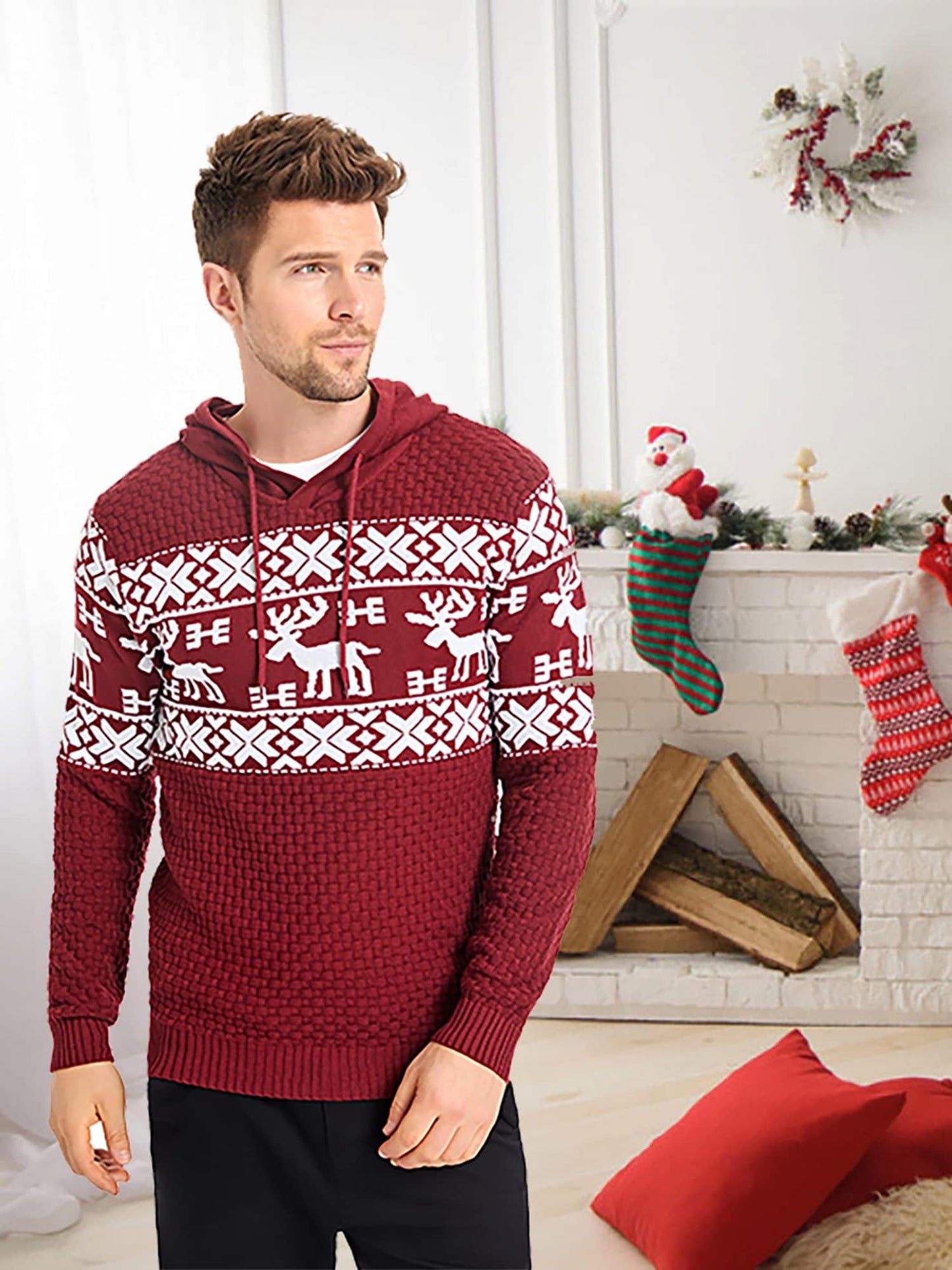 Zaitun Men's Christmas Elk & Geo Pattern Drawstring Hooded Sweater