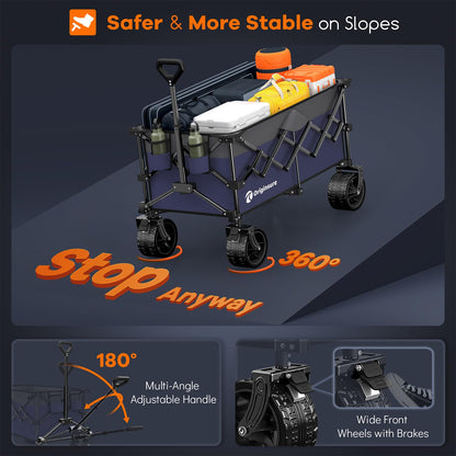 Originsure 220L Collapsible Wagon Cart Foldable, 460lbs Load Capacity Heavy Duty Folding Beach Wagons with Big All-Terrain Wheels, Utility Carts for Groceries, Camping, Sports - Grey&Purple