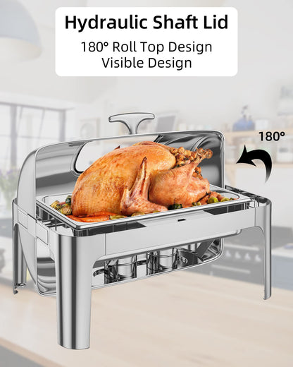 Garvee Rectangular Roll Top Chafing Dish Buffet Set, 9QT Stainless Steel Chafing Dish Set Equipped with 1 Full Size Pan, Catering Warmer Server with Visible Lid Water Pan Stand Fuel Holder Clip
