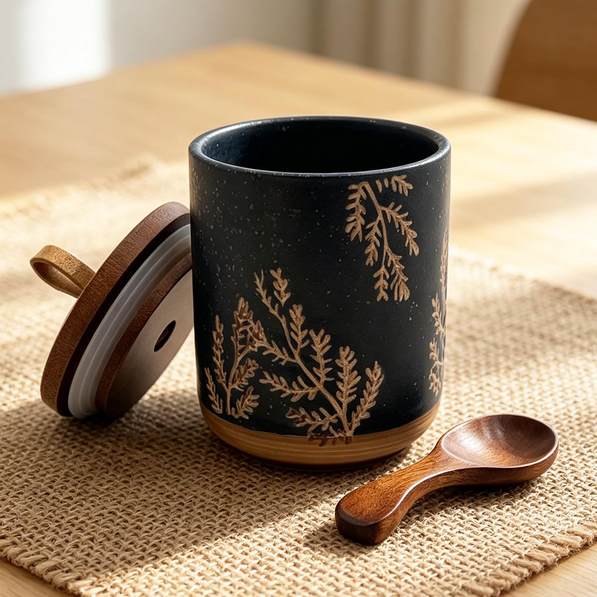 EWEIGEER 10oz Ceramic Airtight Food Storage Container with Wooden Spoon for Sugar,Matcha,Salt,Coffee,Spices,Cat Treat,Loose Leaf Tea(Black Botanical Fern Pattern)
