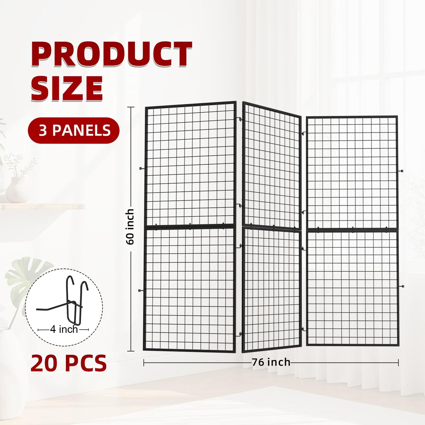 ATOLS 3-Pack Foldable Grid Wall Panels with 20 Hooks - 60" H x 76" W Heavy Duty Wire Grid Display Rack, Portable Z-Unit for Commercial Retail Store, Vendor Booth & Trade Shows