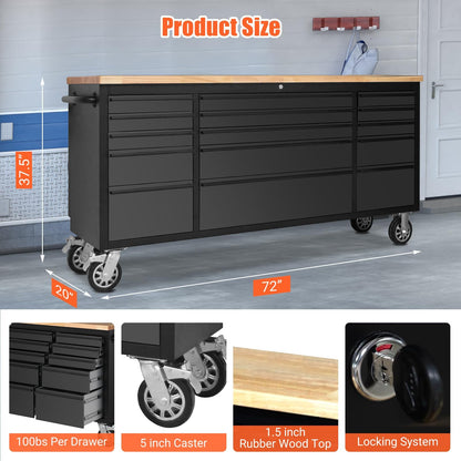 GarveeTech 72 Inch Heavy-Duty Rolling Tool Chest & Mobile Workbench with 15 Drawers, Rubber Wood Tabletop, Locking System, Drawer Liners and Wheels, Steel Storage Cabinet for Garage, Workshop, Black