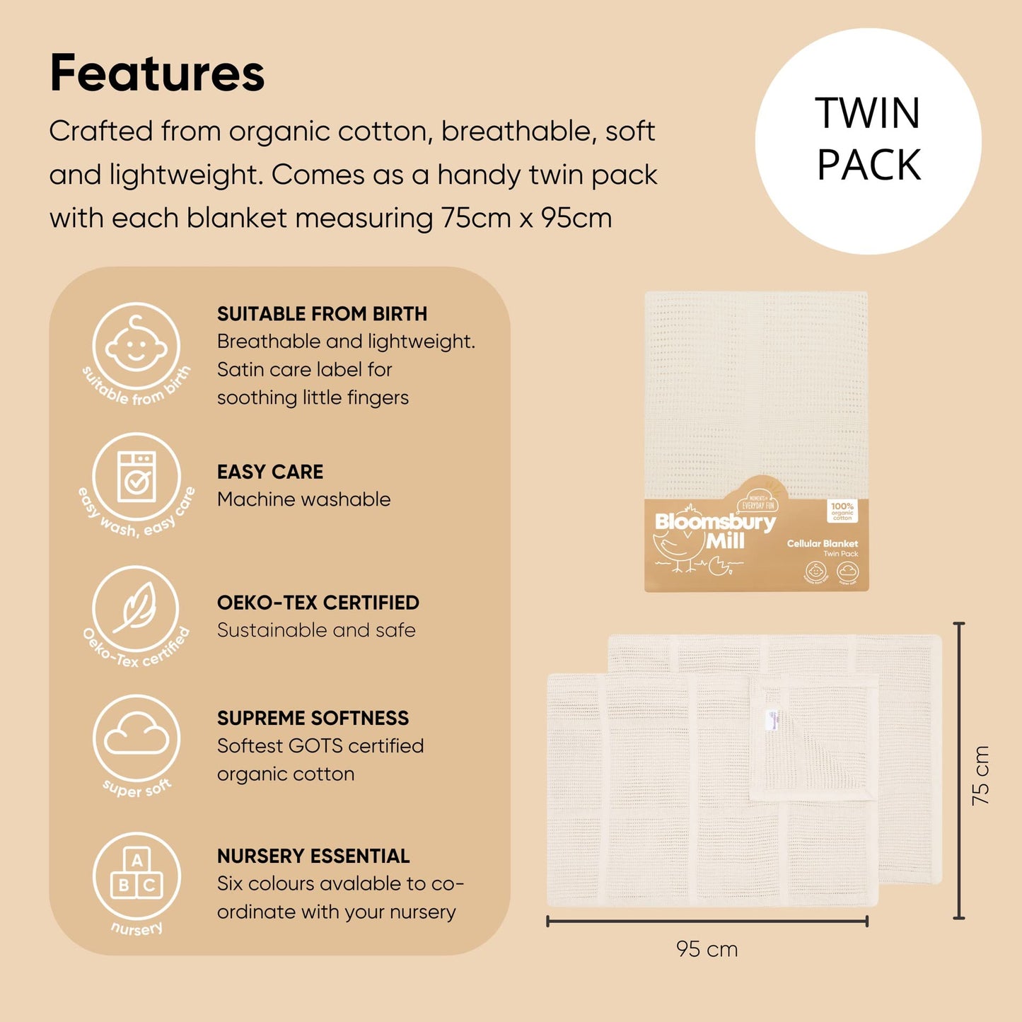 Bloomsbury Mill - Cellular Blankets Baby - Soft 100% Organic Cotton Baby Blanket - Pack of 2 - Essentials For Newborn - Ideal for Cot Bed, Travel, Car Seat, Pram, Moses Basket - Cream 75x95cm
