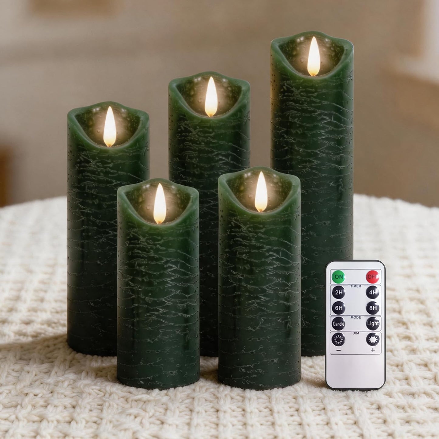 PinnWaa LED Candles with Timer Remote Control, Battery Operate Flameless Real Wax Flickering Wick Candle, Wedding Dinner Holiday Decor Candle, Halloween Christmas Gift LED Candles (5 Pack, Green)