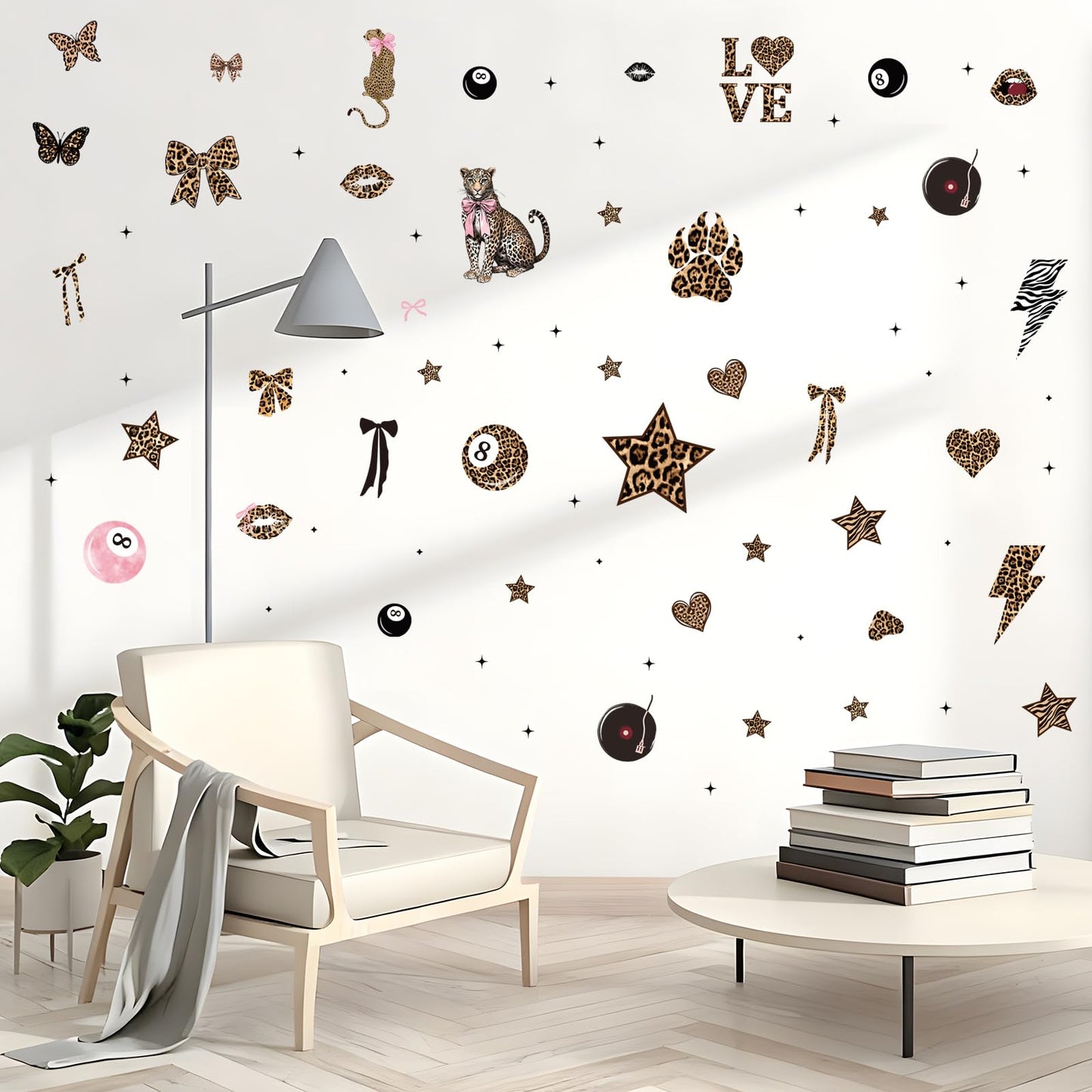 Wxiben Cheetah Print Wall Decals - 200 Pcs Leopard Print Walls Stickers Decor for Room Y2K Bow Star 8 Ball Peel and Stick Wall Decals for Home Bedroom Living Room Classroom Apartment Dorm