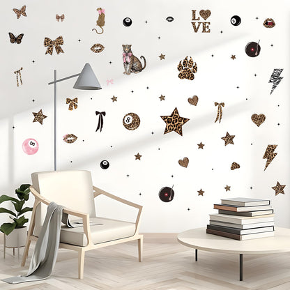 Wxiben Cheetah Print Wall Decals - 200 Pcs Leopard Print Walls Stickers Decor for Room Y2K Bow Star 8 Ball Peel and Stick Wall Decals for Home Bedroom Living Room Classroom Apartment Dorm