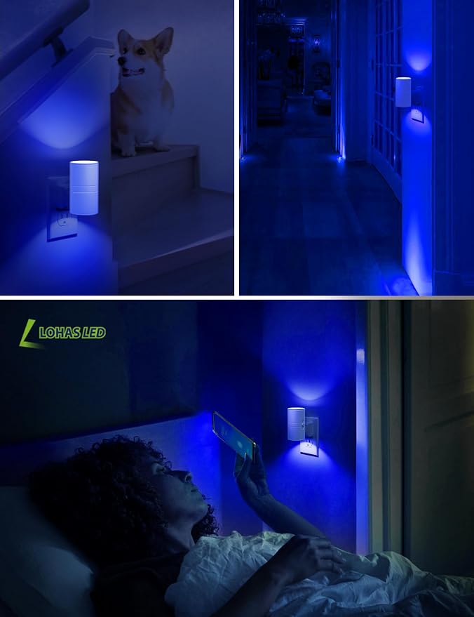 L LOHAS LED Night Light, Blue Night Lights Plug into Wall, Light Sensor, Dimmable Night Light, Calm Blue Nightlights for Home Decor, Party, Holiday, Bedroom, Hallway, Bluey Bathroom Decor, 2 Pack