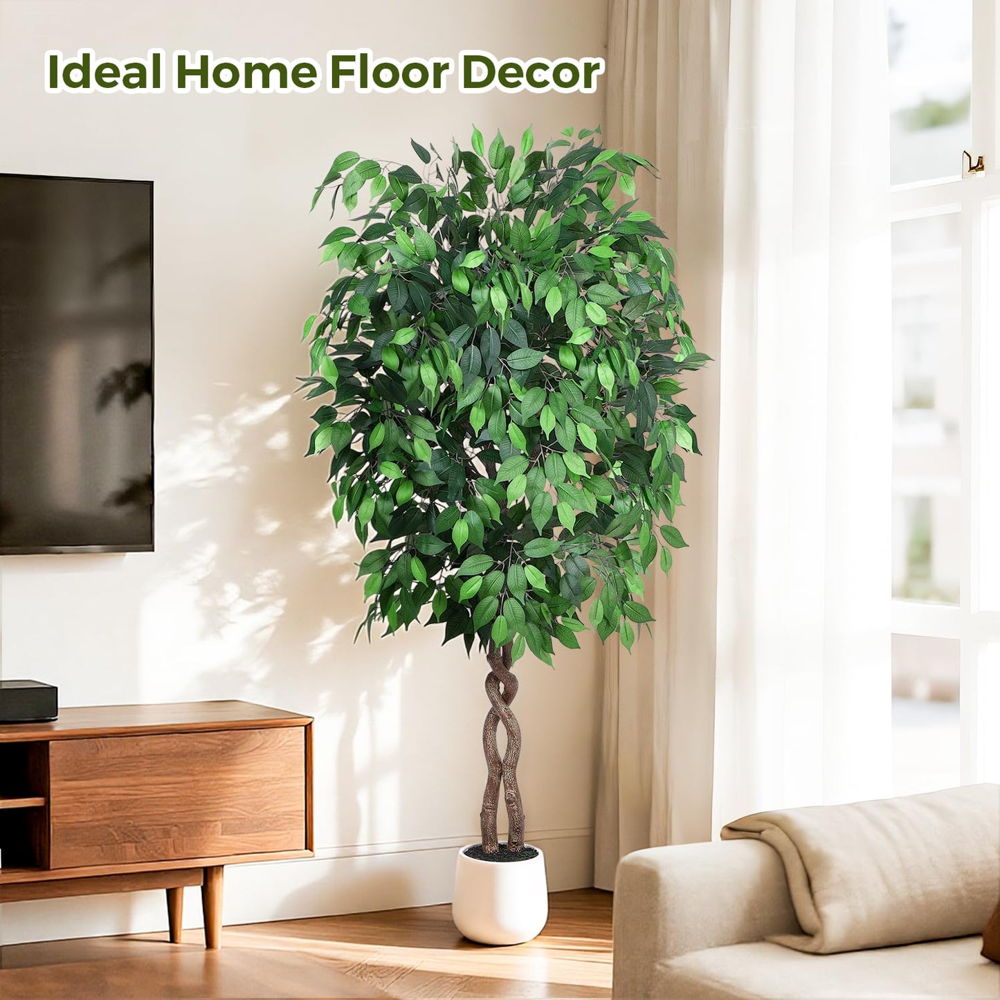 Jocoevol 6FT Artificial Ficus Tree, Tall Faux Trees Indoor with White Planter, Dried Moss, Natural Silk Leaves & Trunk, Fake Plants for Home Living Room Office Corner Decor Housewarming Gift