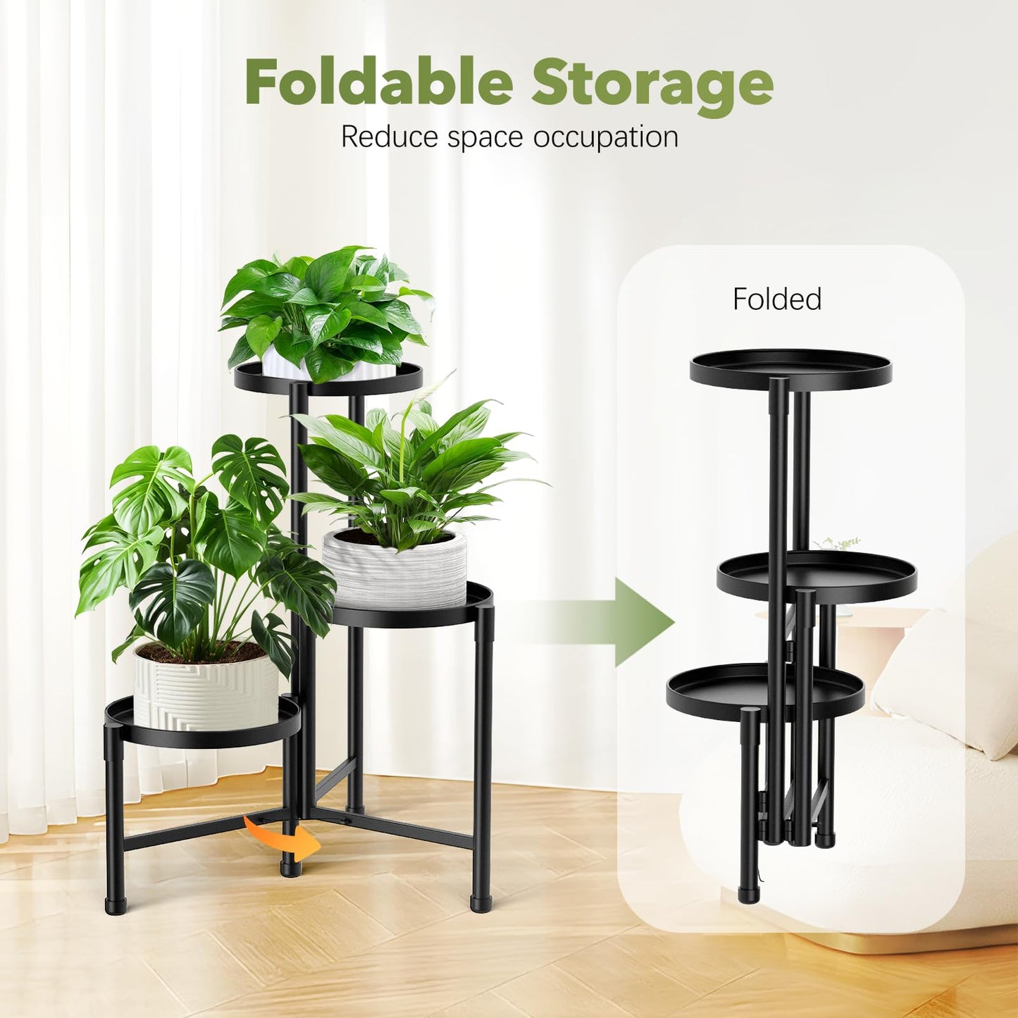 JOPBENG 3 Tier Corner Plant Stand Indoor Outdoor, Metal Plant Shelf with 10 Inch Wide Tray,Flower Pot Display Holder Iron Rack Organizer Stand for Living Room Office Garden Patio Balcony Black