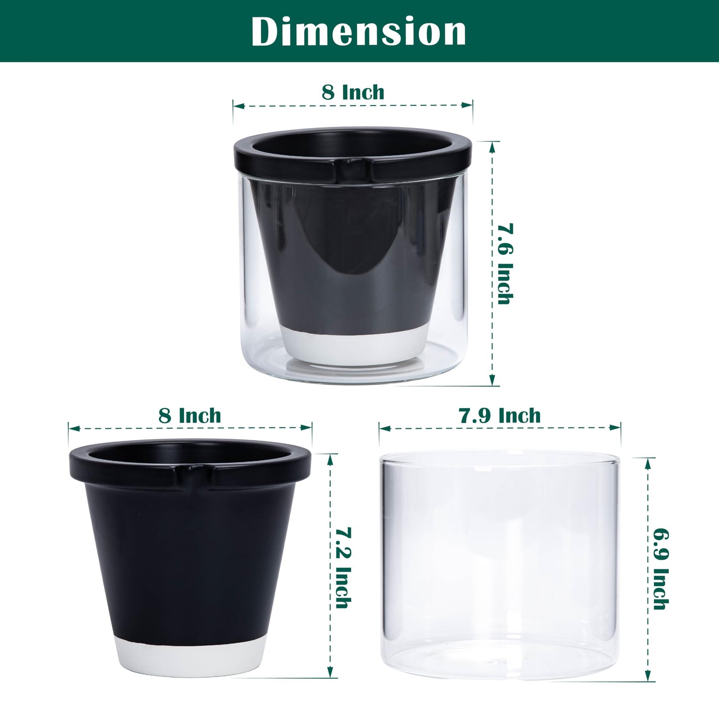 D'vine Dev 8 Inch Design Self Watering Planter for Indoor Plants, Black Terracotta Pot with Cylinder Glass Cup, 37-X-C-3