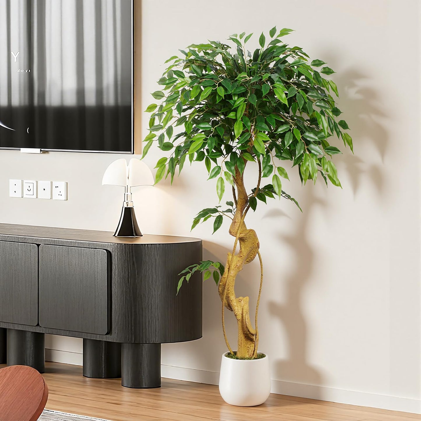 Keeplush 4ft Large Ficus Artificial Trees in White Pot, 48" Tall Fake Silk Tree with Natural Curved Trunk, Lush Faux Ficus Tree for Indoor Home Decor, Living Room, Office & Patio