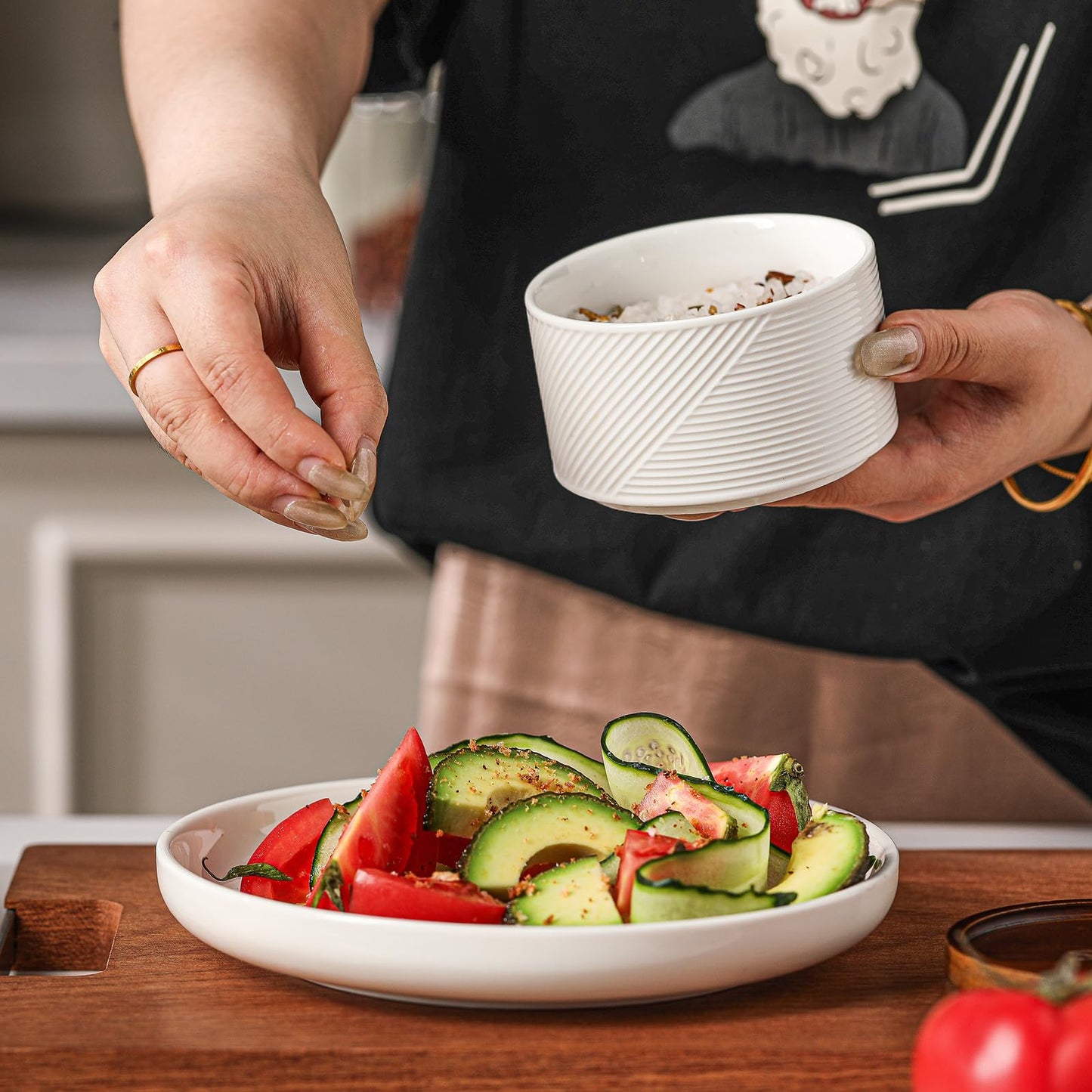 Adewnest Salt and Pepper Bowls: 10 oz Ceramic Stackable Spice Cellar with Wooden Lid - Stacked Seasoning Storage Containers for Countertop Stovetop - Striped, White