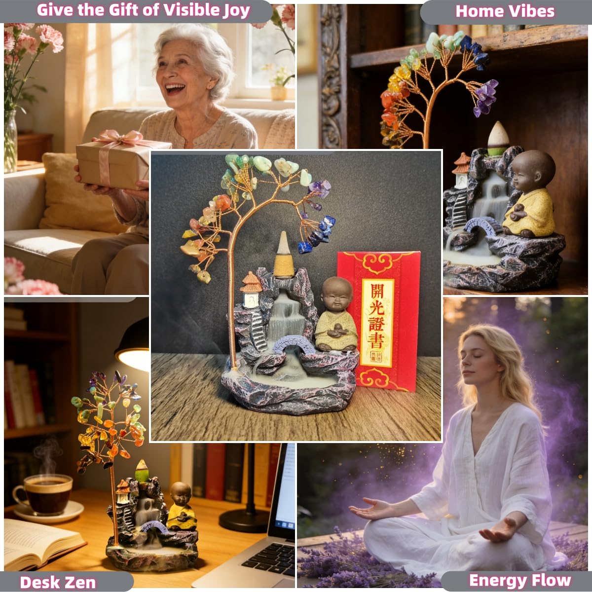 Buddha Incense Holder, Chakra Waterfall, Zen Incense Burner Backflow - 7.4" Gemstone Tree Waterfall, Desk Zen Fountain, Home Office Feng Shui Gift, Mother's Day, Birthday Gift