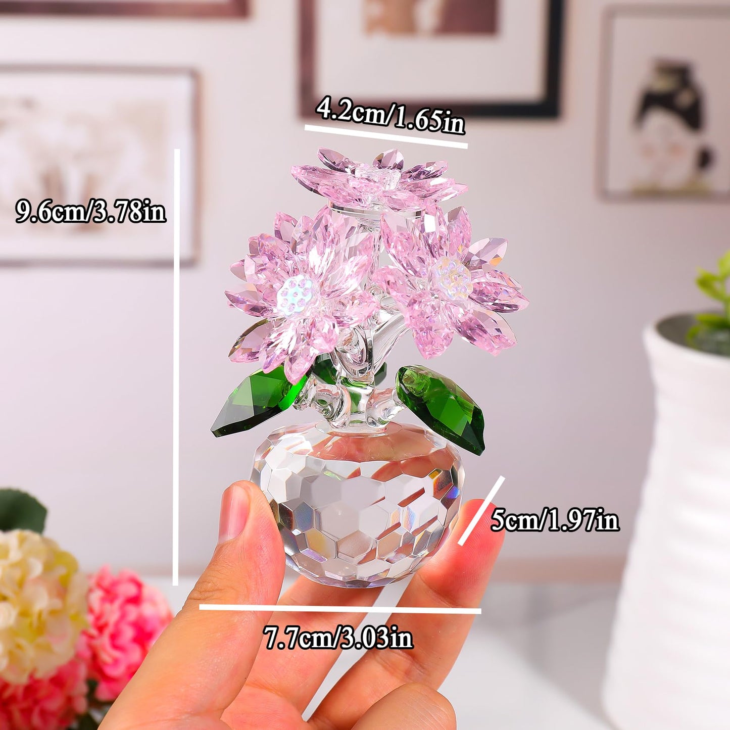 Ornalrist Crystal Pink Daisy Flower Figurine Statue Paperweight Glass Pink Daisy Bouquet Floral Collectible Decor Gifts for Friends Women (with 5 Flowers)
