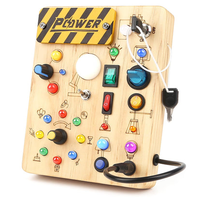 Joyreal Montessori Busy Board 2 Year Old, Wooden Fidget Sensory Toy for Toddlers, Activity Board with 19 LED Lights, Educational Travel Toy for Boys Girls 2 3 4 Year Old