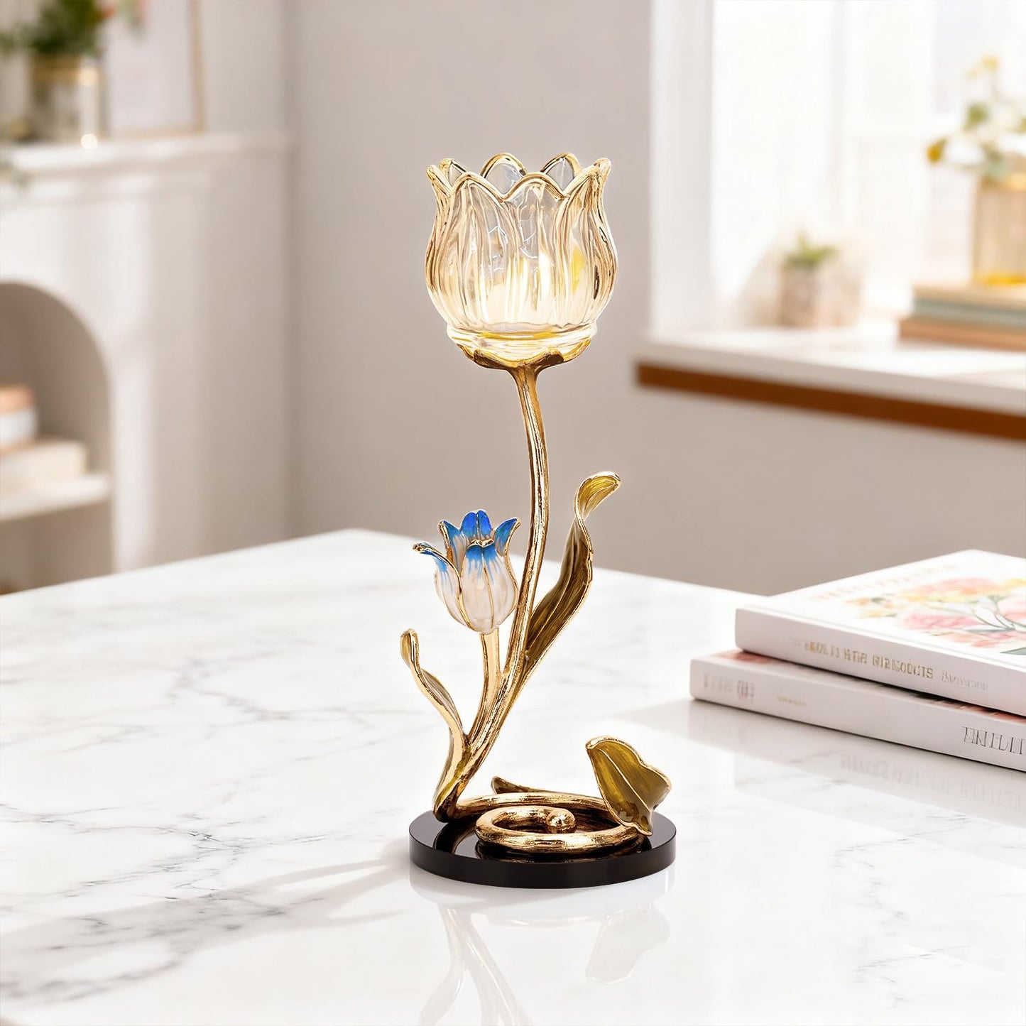 Luxury Crystal Glass Flower Candle Holder – Romantic French-Style Aromatherapy Tea Light Stand, Gold Floral Table Centerpiece for Weddings, Home Decor, Romantic Ambiance