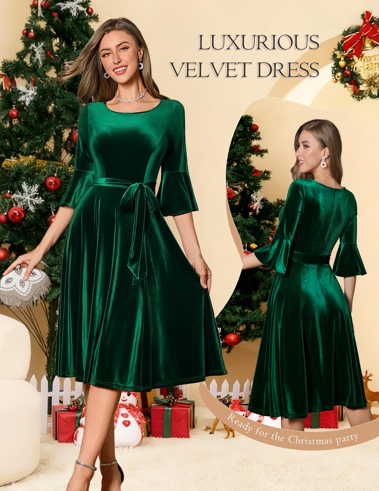 HomRain Dark Green Long Sleeve Velvet Dress Fit and Flare Bell Sleeve Fall Wedding Guest Dress Green Velvet Dress for Christmas Cocktail Party Holiday Velvet-DarkGreen L