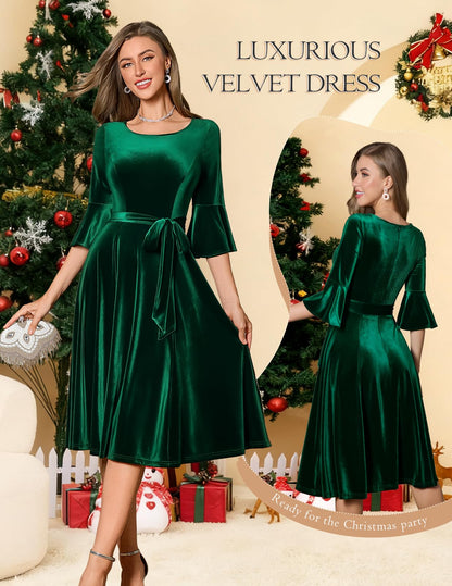 HomRain Dark Green Long Sleeve Velvet Dress Fit and Flare Bell Sleeve Fall Wedding Guest Dress Green Velvet Dress for Christmas Cocktail Party Holiday Velvet-DarkGreen L